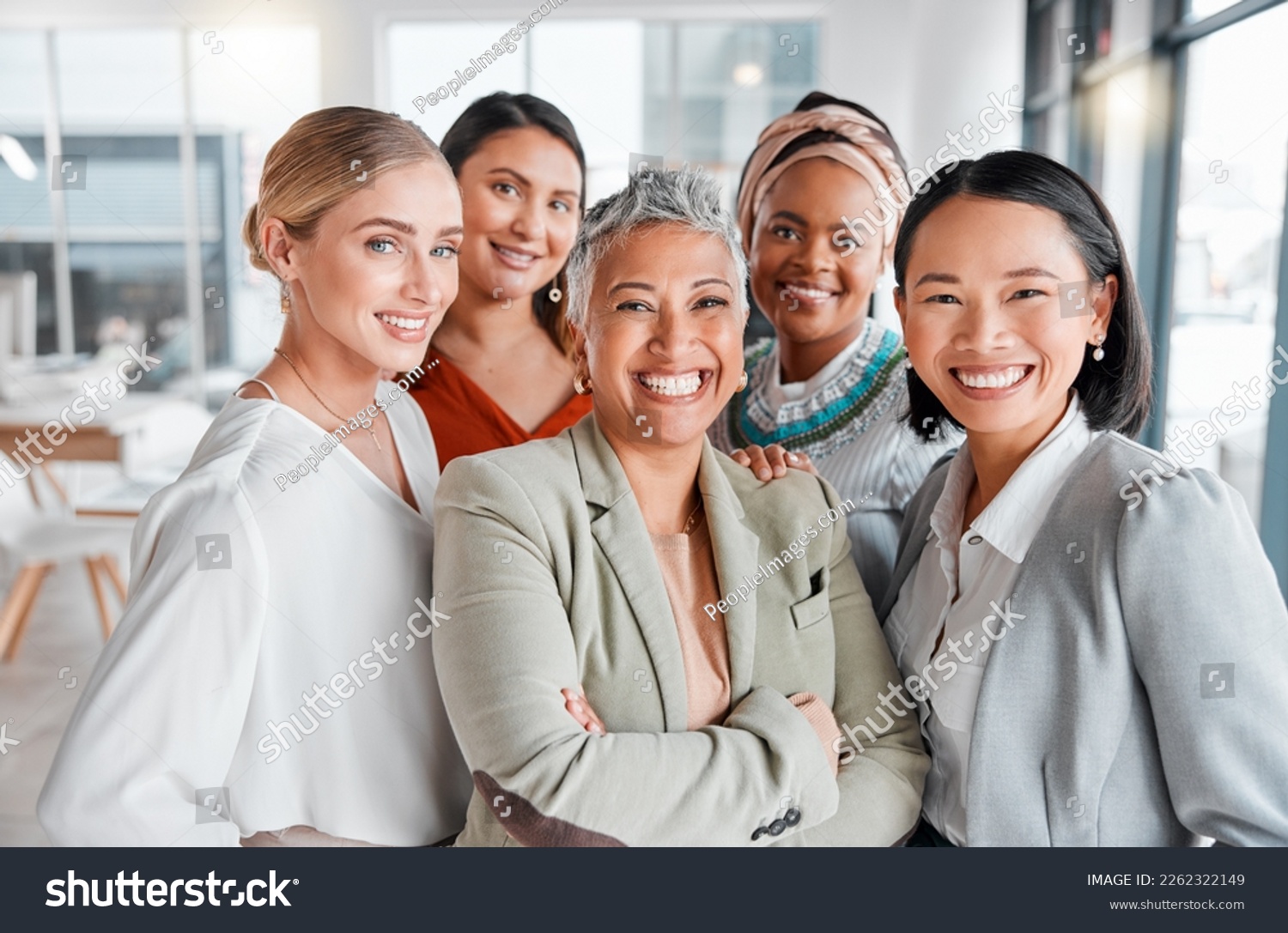 Diversity, portrait selfie and business women teamwork, global success or group empowerment in office leadership. Social media career of asian, black woman and senior people or staff profile picture #2262322149