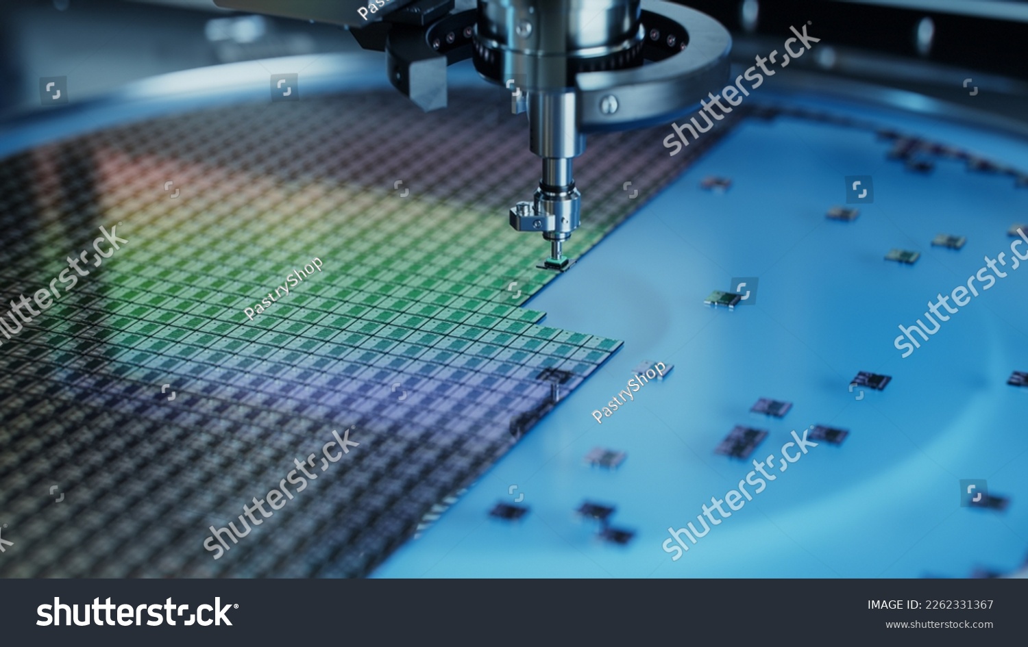 Silicon Dies are being Extracted by a Pick and Place Machine from Wafer and Attached to Substrate. Computer Chip Manufacturing at Factory. Close-up of Semiconductor Packaging Process. #2262331367