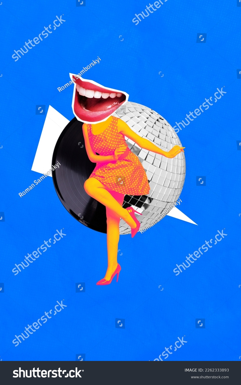 Vertical collage image of overjoyed mini person dancing big smiling mouth instead head vinyl record disco ball isolated on blue background #2262333893