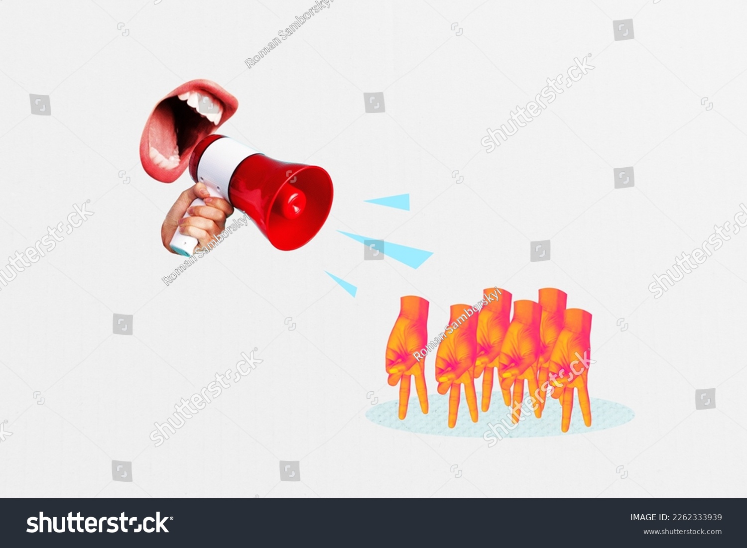Composite collage image of yelling talking mouth scream loudspeaker mini standing people arms fingers isolated on white background #2262333939
