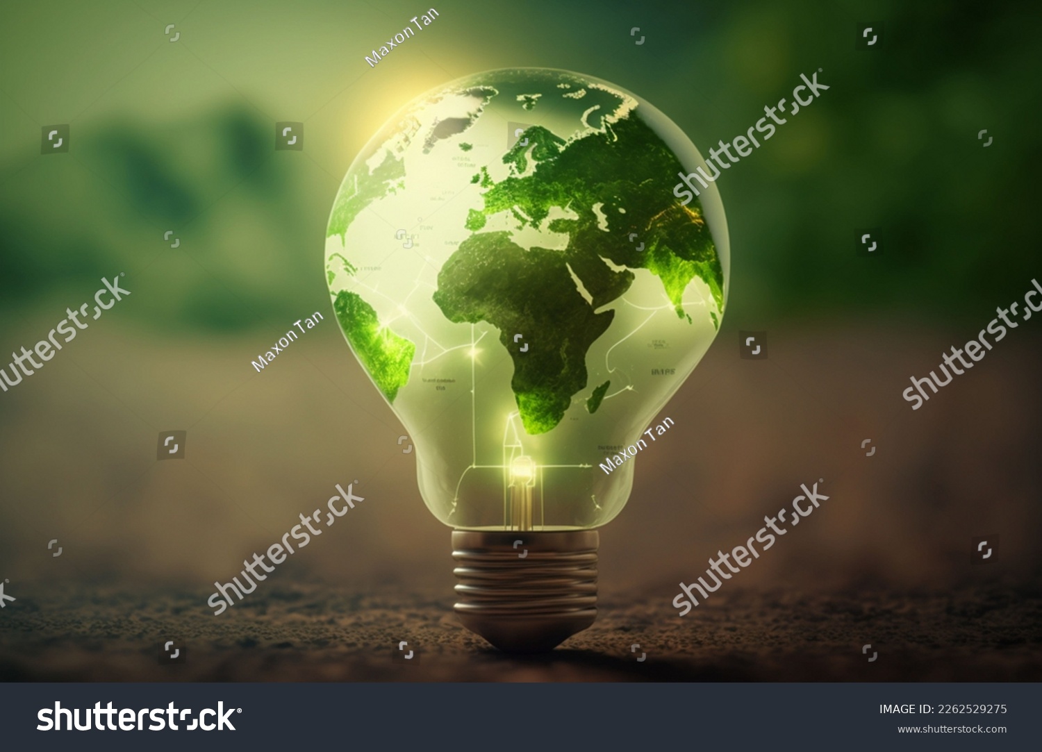 Green World Map On The Light Bulb With Green Background, Renewable Energy Environmental Protection, Renewable, Sustainable Energy Sources. Environmental Friendly. Renewable Energy  #2262529275