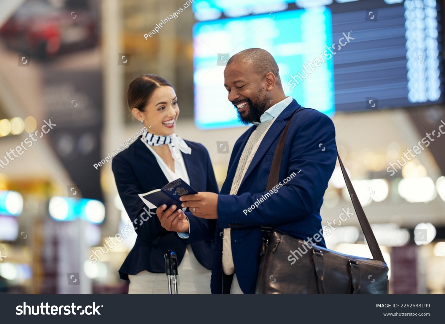 Businessman, airport and passenger assistant helping traveler in departure, flight time or passport information. Black male with female airline service agent for advice on travel, directions or FAQ #2262688199