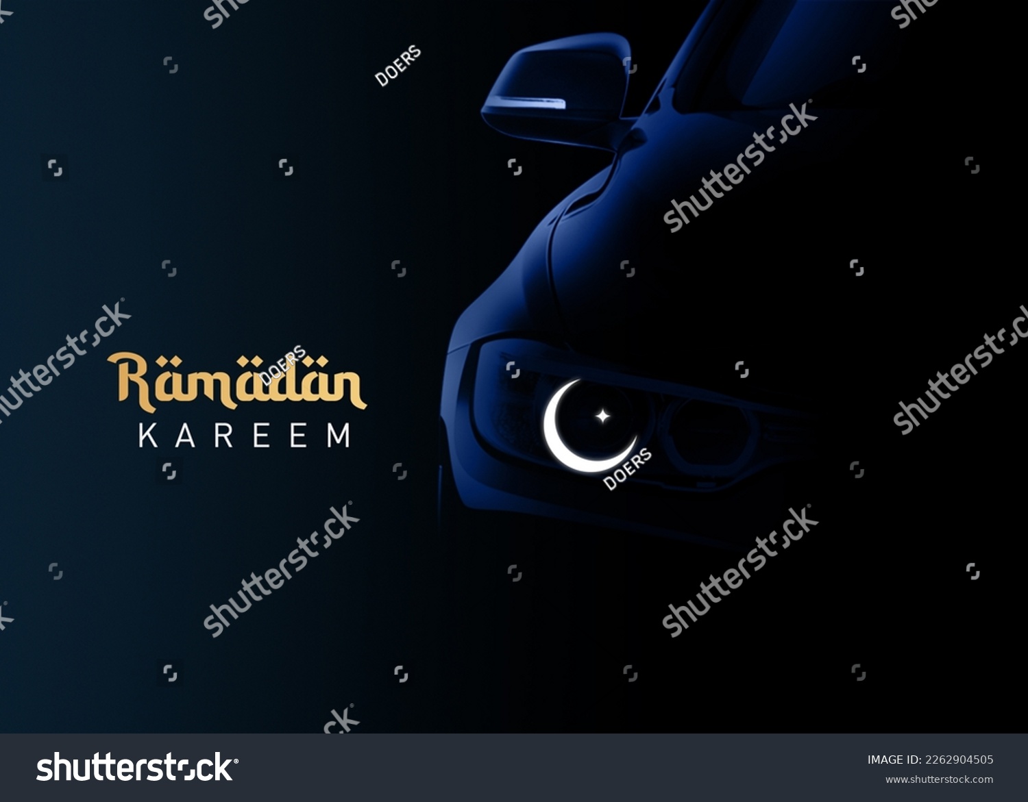 Car Ramadan Concept Background. Automobile businesses Ramadan concept greetings card illustration or social media content. Eid moon on car headlight  #2262904505