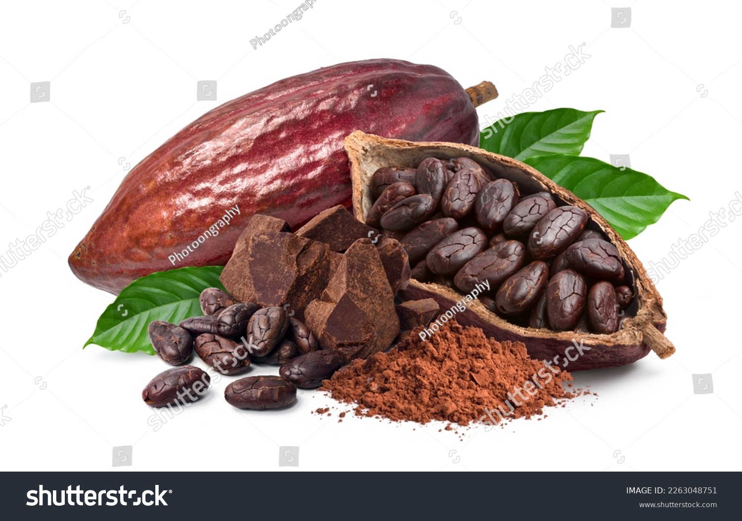Cocoa ingredients with cocoa beans, fresh cocoa pod and cocoa mass isolated on white background. #2263048751