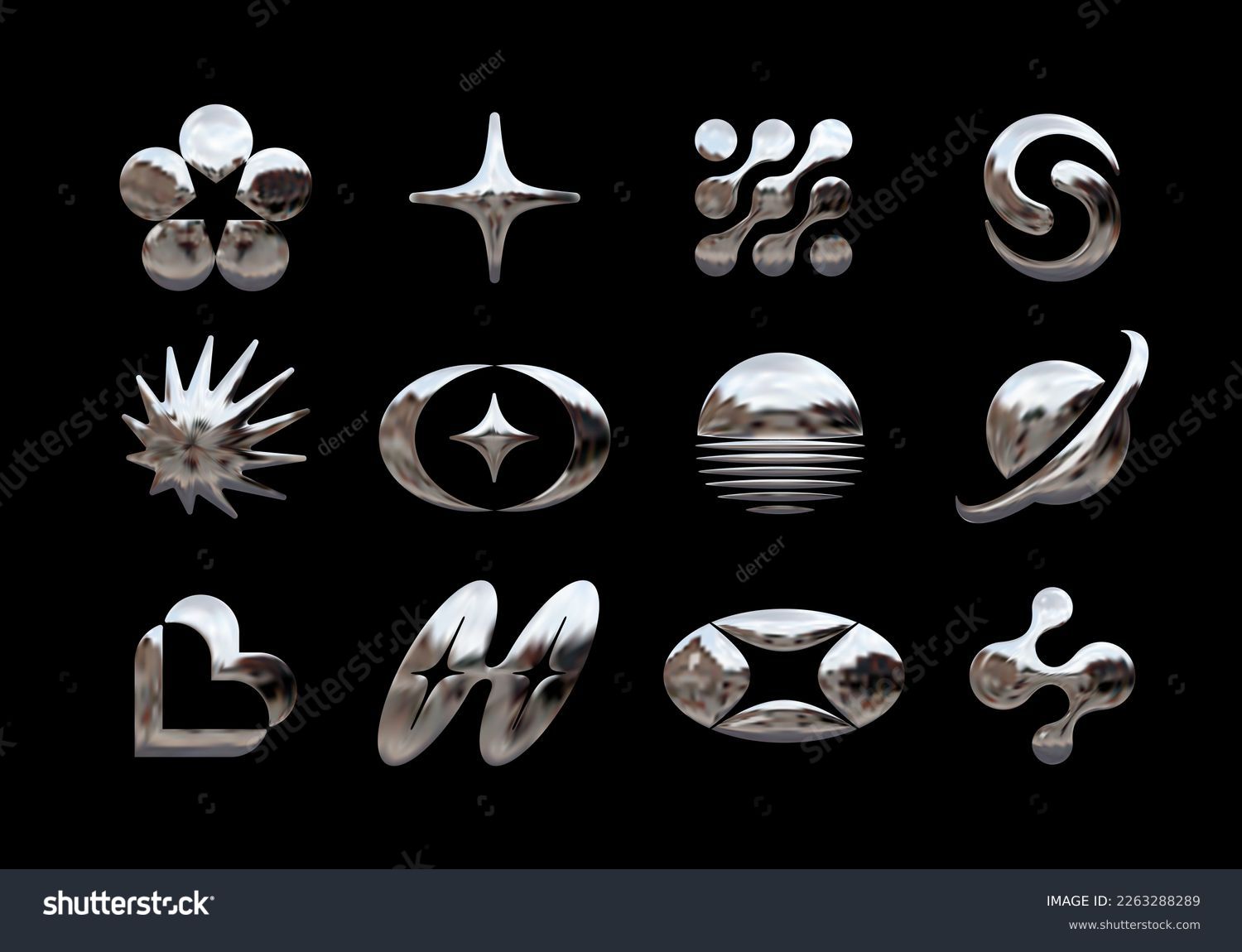 Set of chrome elements for design in Y2K style. Vector abstract shapes in retro futurism aesthetics #2263288289