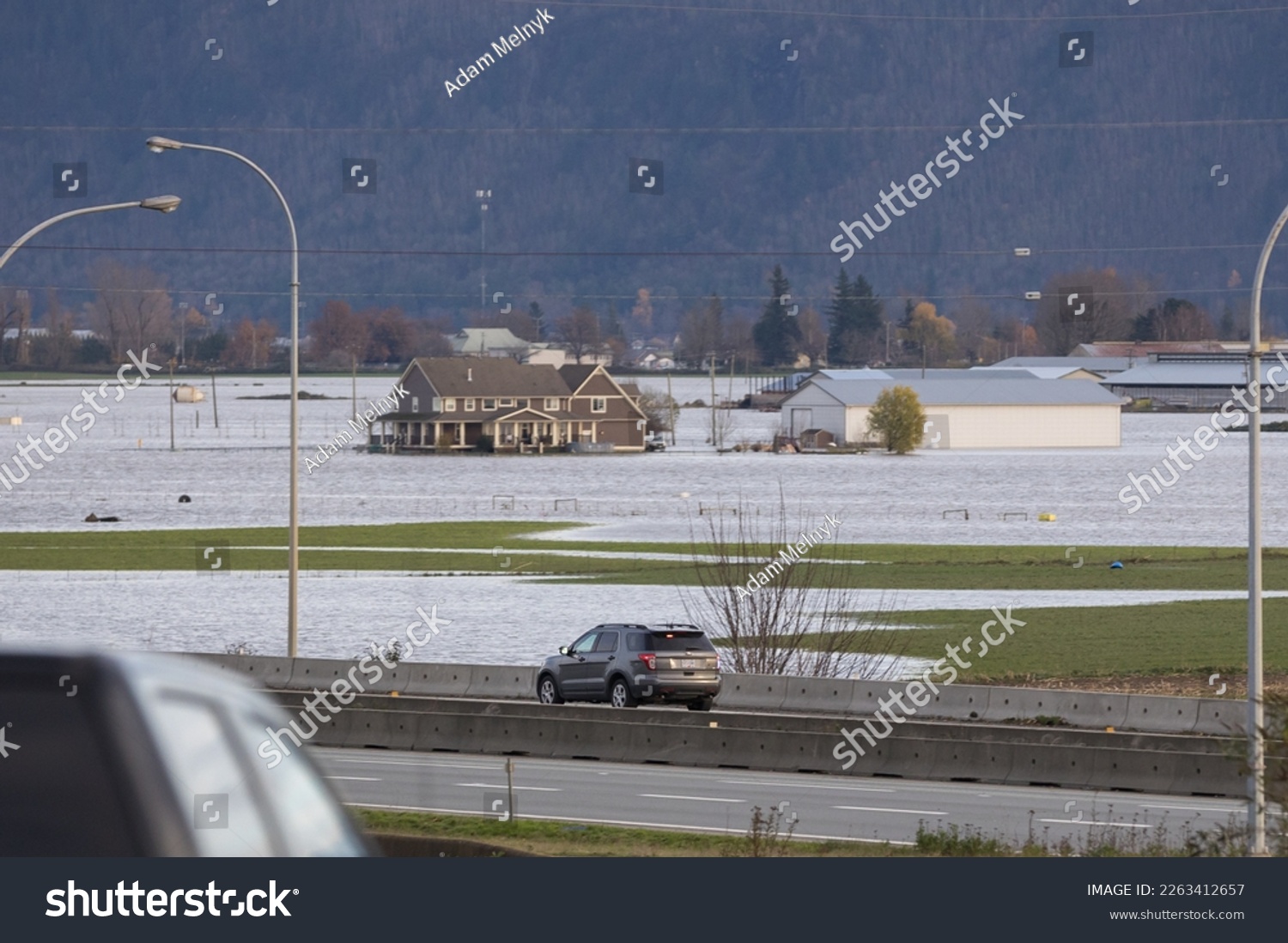 NOV 18, 2021 - ABBOTSFORD, BC, CANADA: Road closed signs due to infrastructure damage caused by flooding from heavy rain in the Fraser Valley. #2263412657