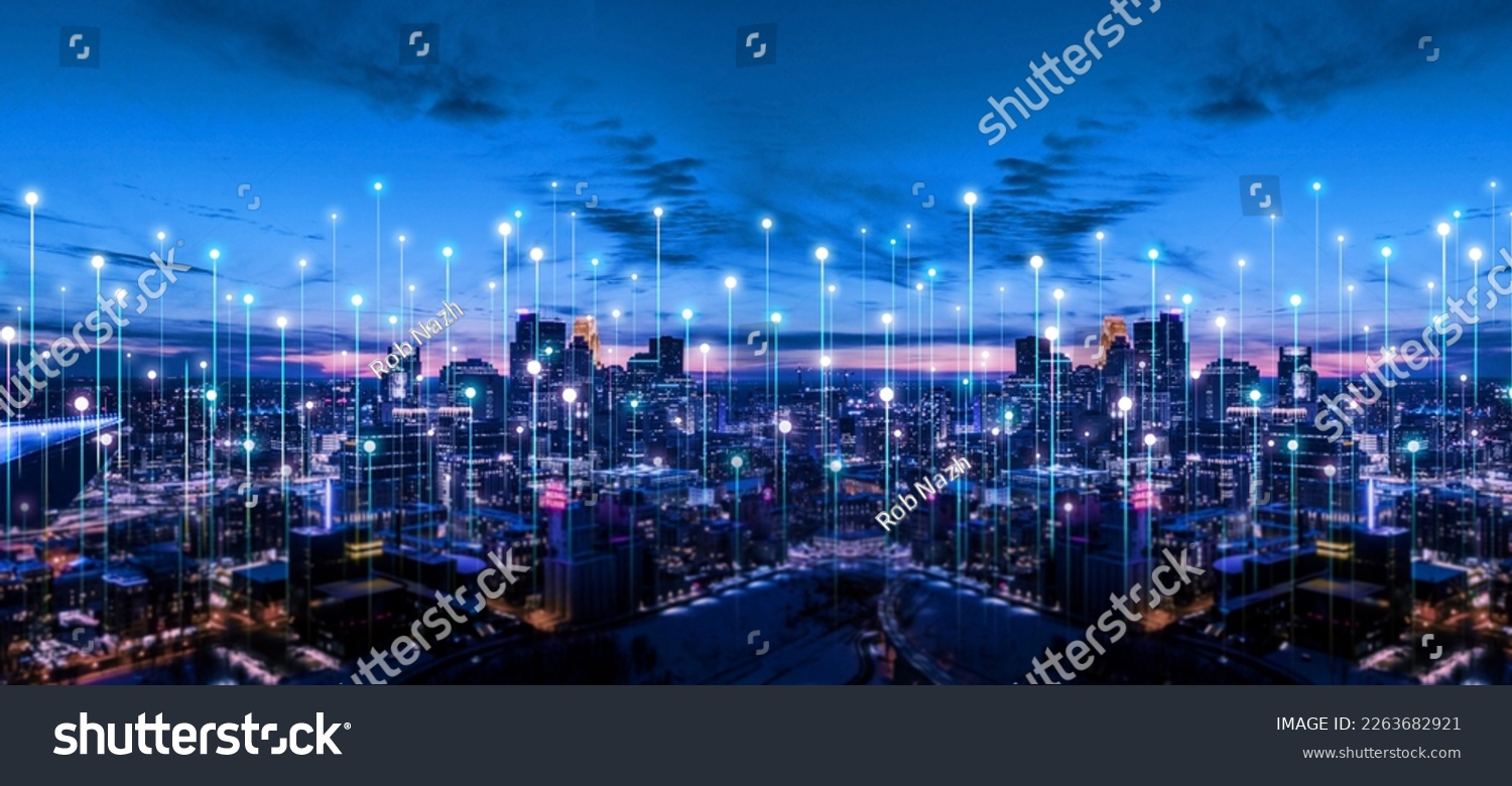 Smart city connection  dot point connect with line network, technology metaverse concept.Big data connection technology. Telecommunication and communication network concept.	 #2263682921