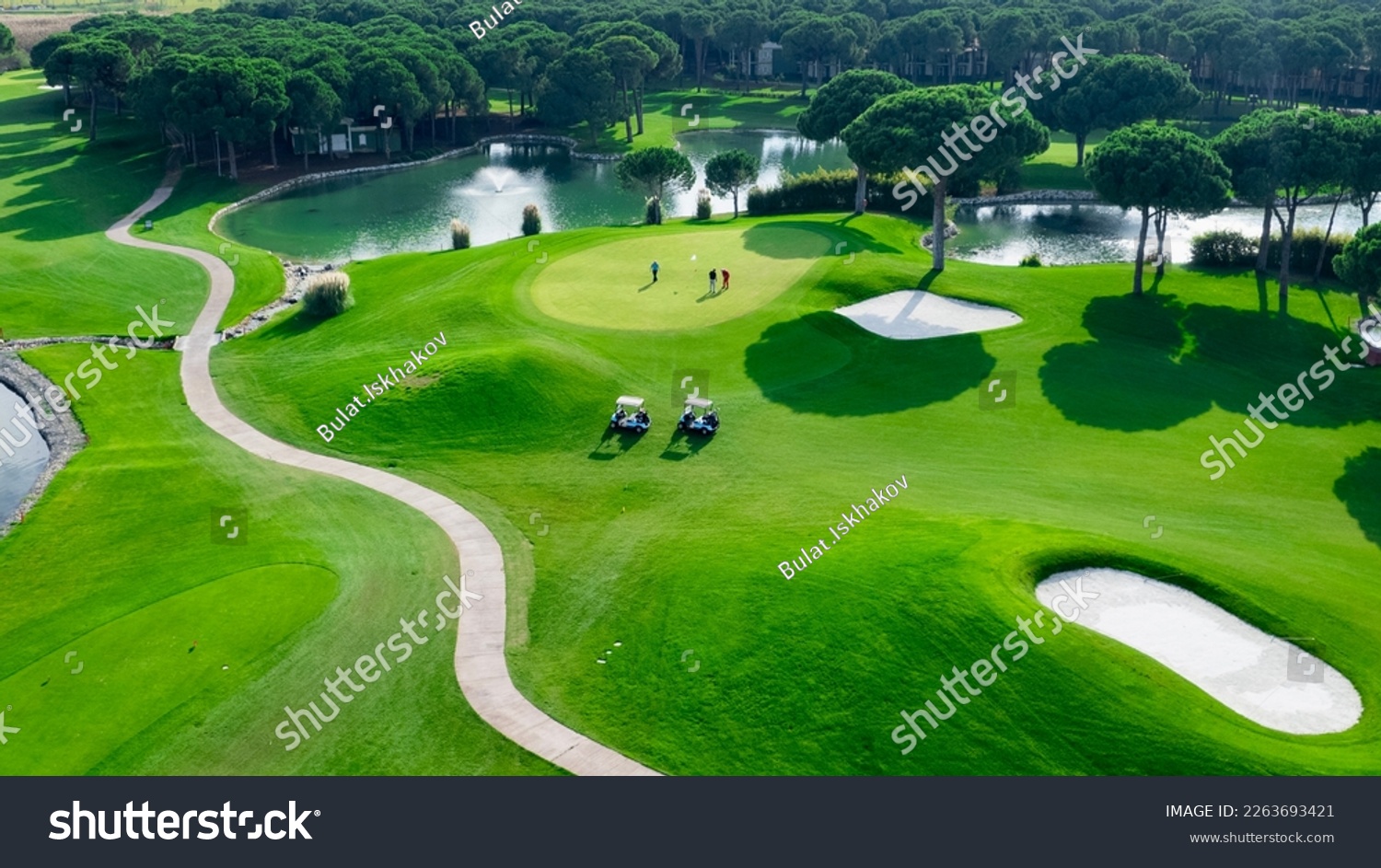 Top view of two men playing golf on a sunny summer day. Aerial view of the green golf course. Hitting the ball with a golf stick. An active type of recreation. Golf car #2263693421