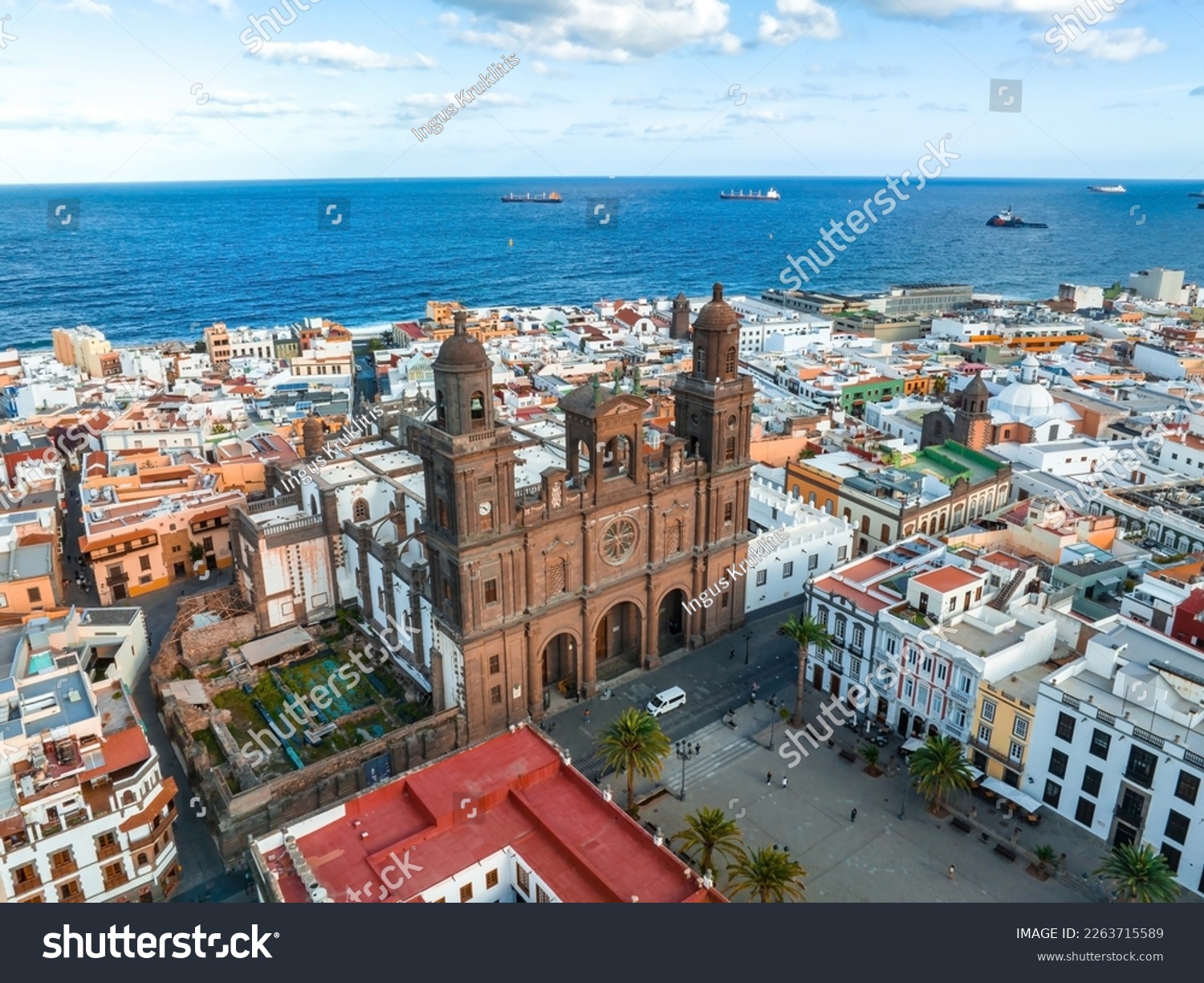 Landscape with Cathedral Santa Ana Vegueta in Las Palmas, Gran Canaria, Canary Islands, Spain. Aerial sunset view of the Las Palmas city. #2263715589