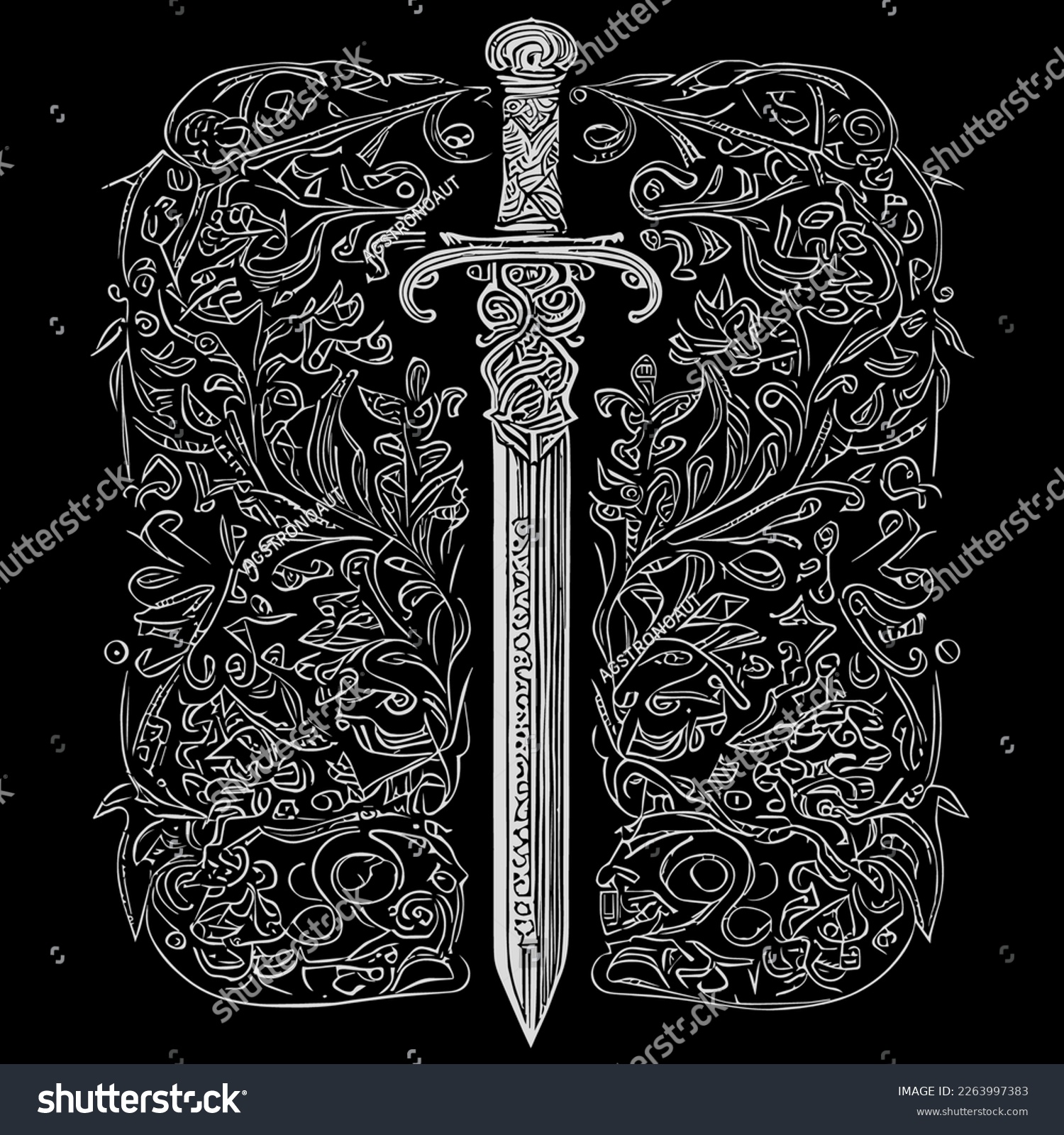 Elegant sword floral ornament line art drawing, featuring intricate details that blend the strength of a sword with the beauty of floral elements #2263997383