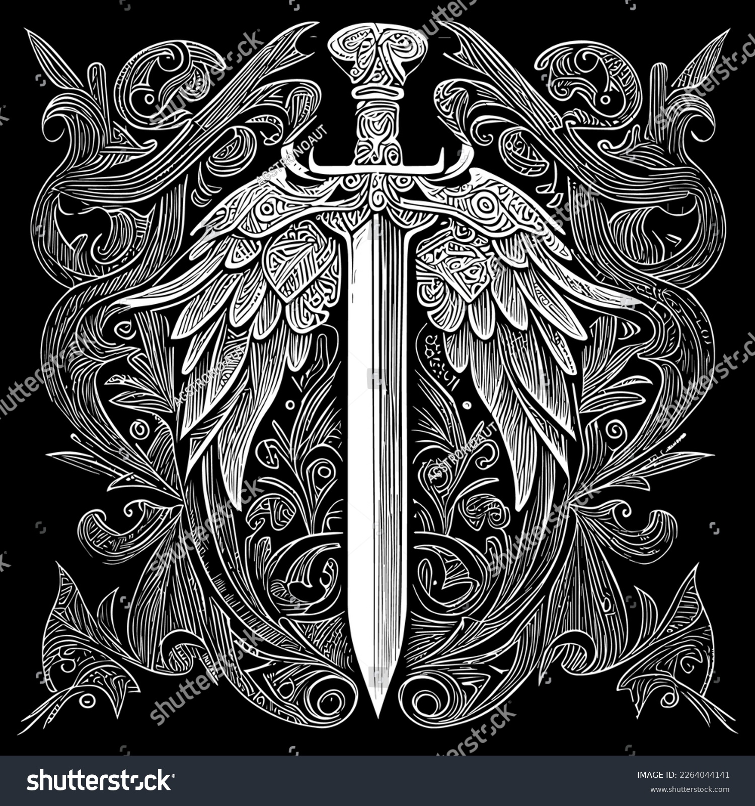 This artwork features a captivating illustration that combines the fierceness of a sword with the elegance of feathered wings, evoking a sense of power and majesty. The intricate details and stunning  #2264044141