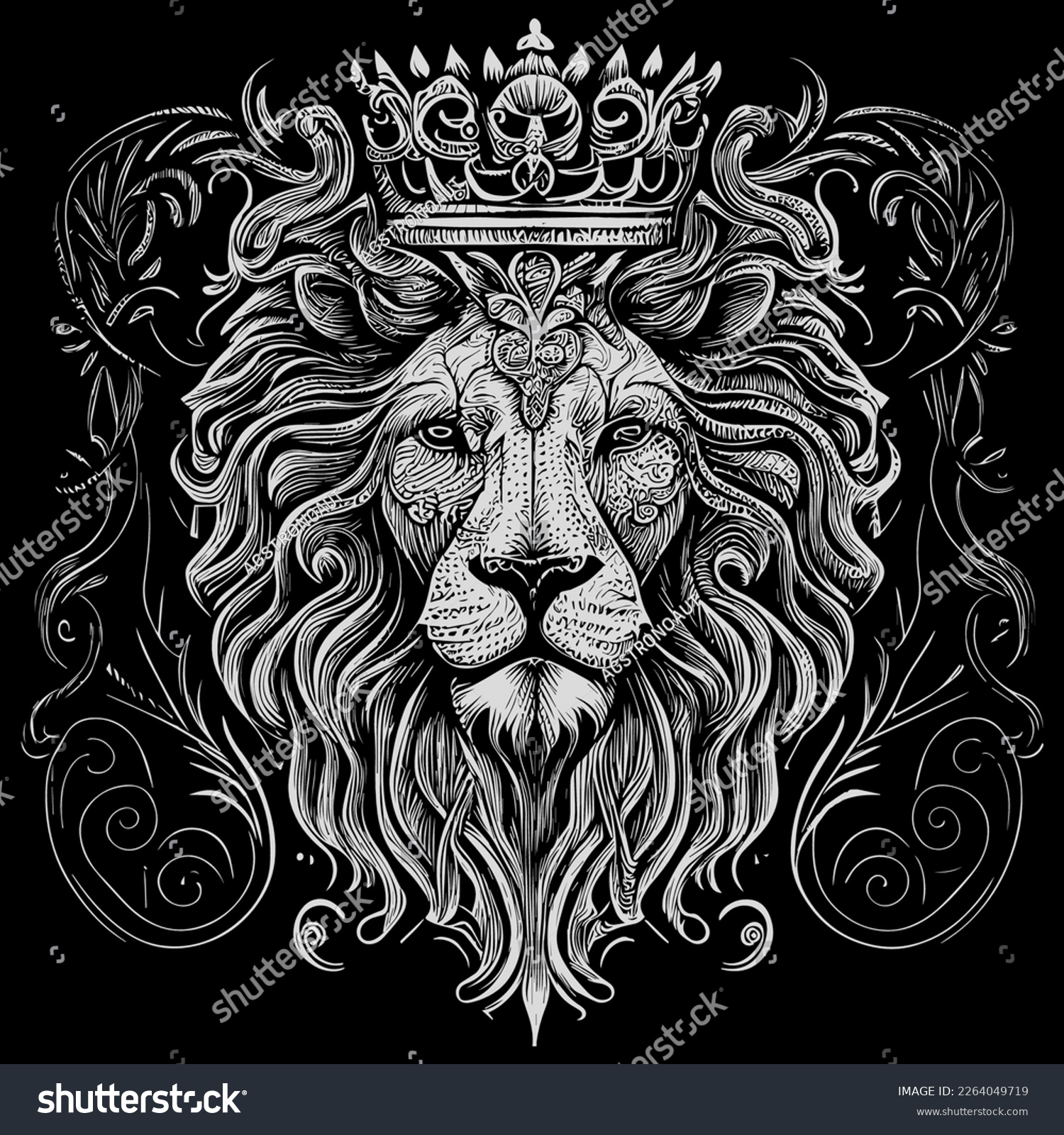 Stunning drawing portrays the majestic head of a lion adorned with a crown,symbolizing power and royalty. intricate details bring this regal creature to life, creating a truly captivating piece of art #2264049719