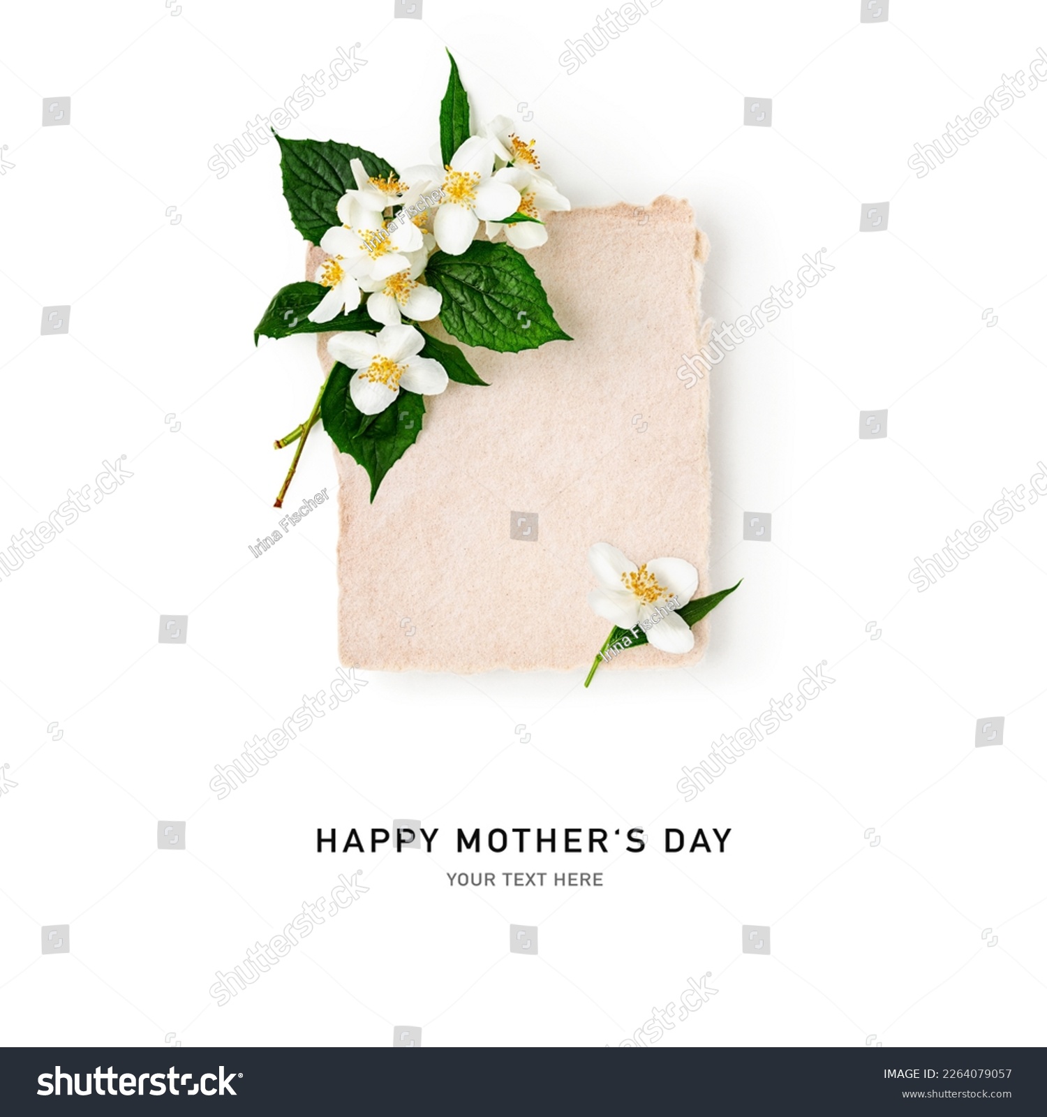 Spring jasmine flowers with paper card. Flowers, leaves and blank note isolated on white background. Happy mothers day. Design element. Creative layout. Copy space. Top view, flat lay
 #2264079057