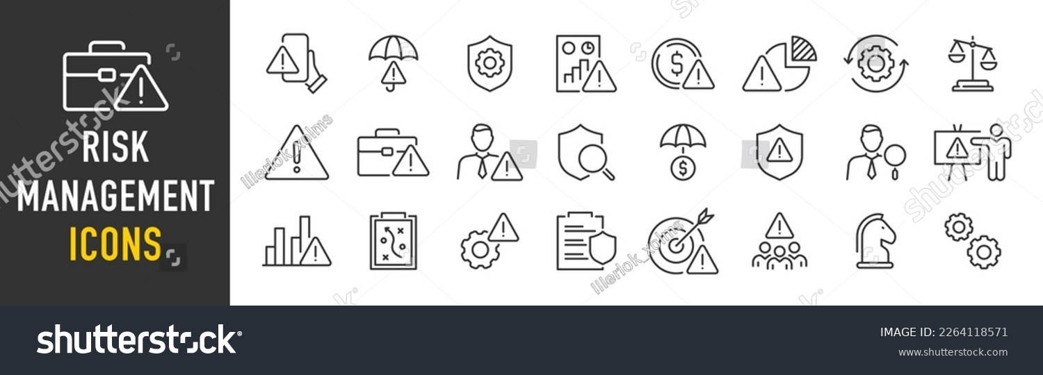 Risk Management web icon set in line style. Risk analysis, risk investment, minimizing losses, plan, low cost, collection. Vector illustration. #2264118571