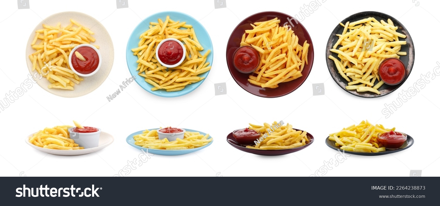 Collage of French fries served with ketchup on white background, top and side views #2264238873