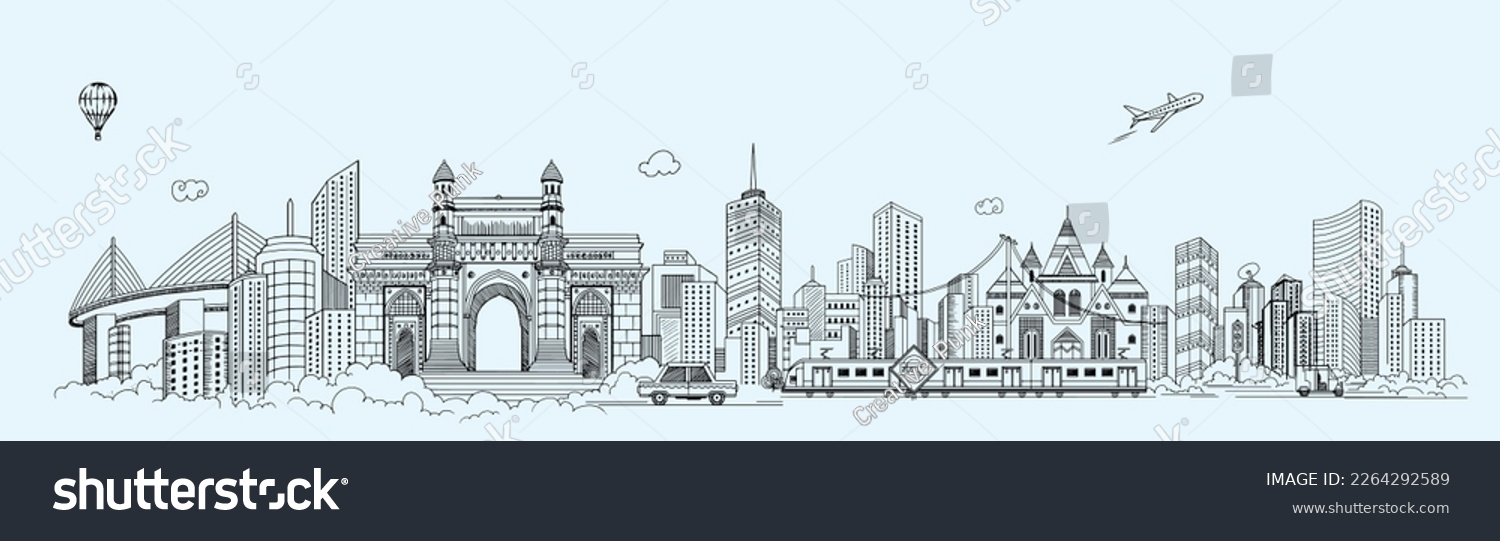 Mumbai skyline landscape view of the city of Mumbai with characteristics of buildings and monuments in line vector art, BOMBAY city vector panoramic sketch. #2264292589