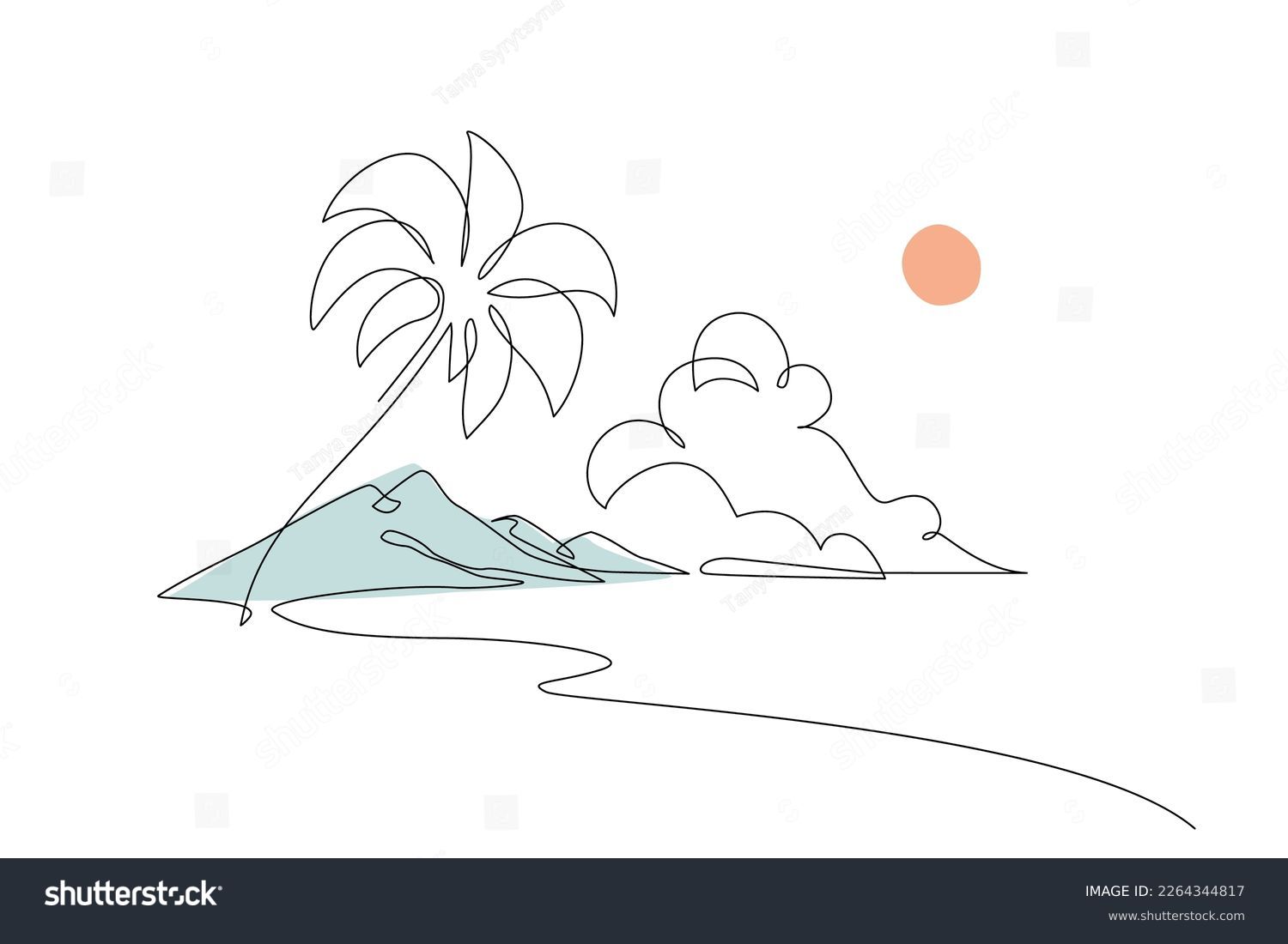 Tropics oasis island line drawing. Abstract tropical landscape continuous art line with mountains, sea, coconut palm tree, cloudscape. Vector nature wallpaper for minimal poster, template #2264344817