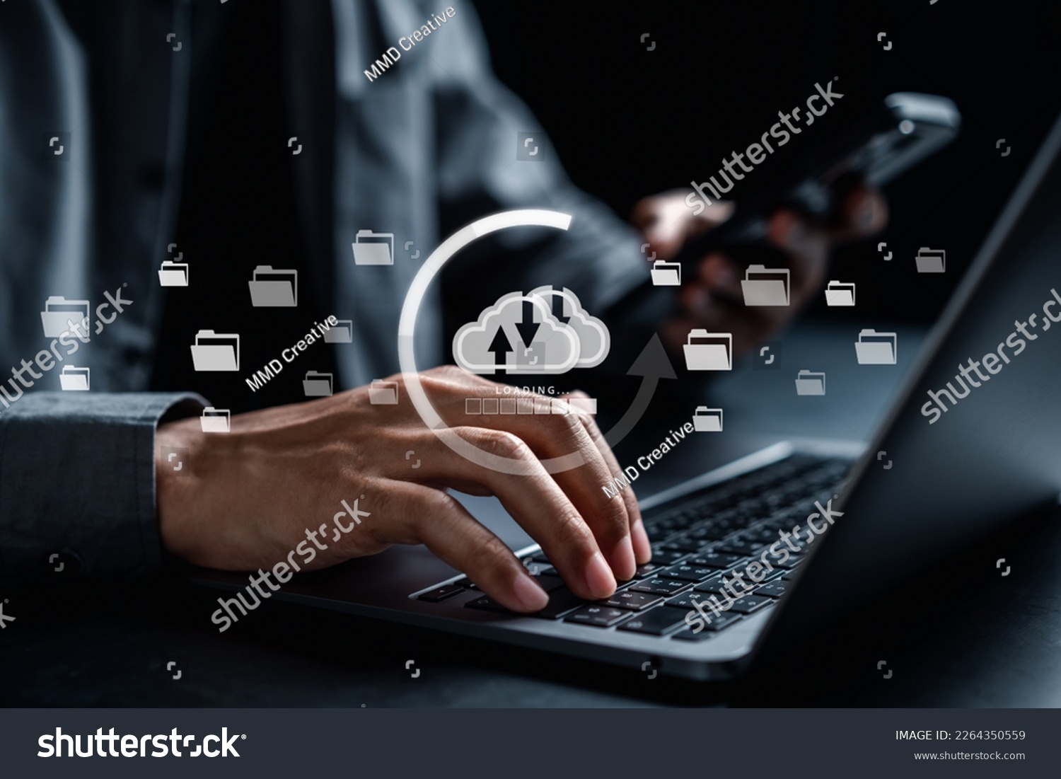 Businessman using smartphone and laptop uploading to cloud computing to download and loading data information and upload on system network application. Technology transformation concept	
 #2264350559