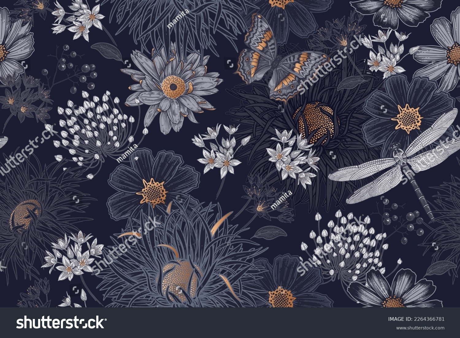 Cute wildflowers, butterflies and dragonflies seamless pattern. Flowers and insects. Vector art illustration. Navy blue background and gold foil printing. Floral pattern for textiles, paper, wallpaper #2264366781
