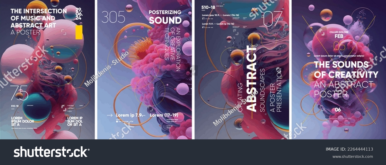 Abstract art design. Stiff, liquid, molten objects. Set of vector illustrations. Posters and musical covers, prints. Typography design and vectorized 3D illustrations on the background. #2264444113