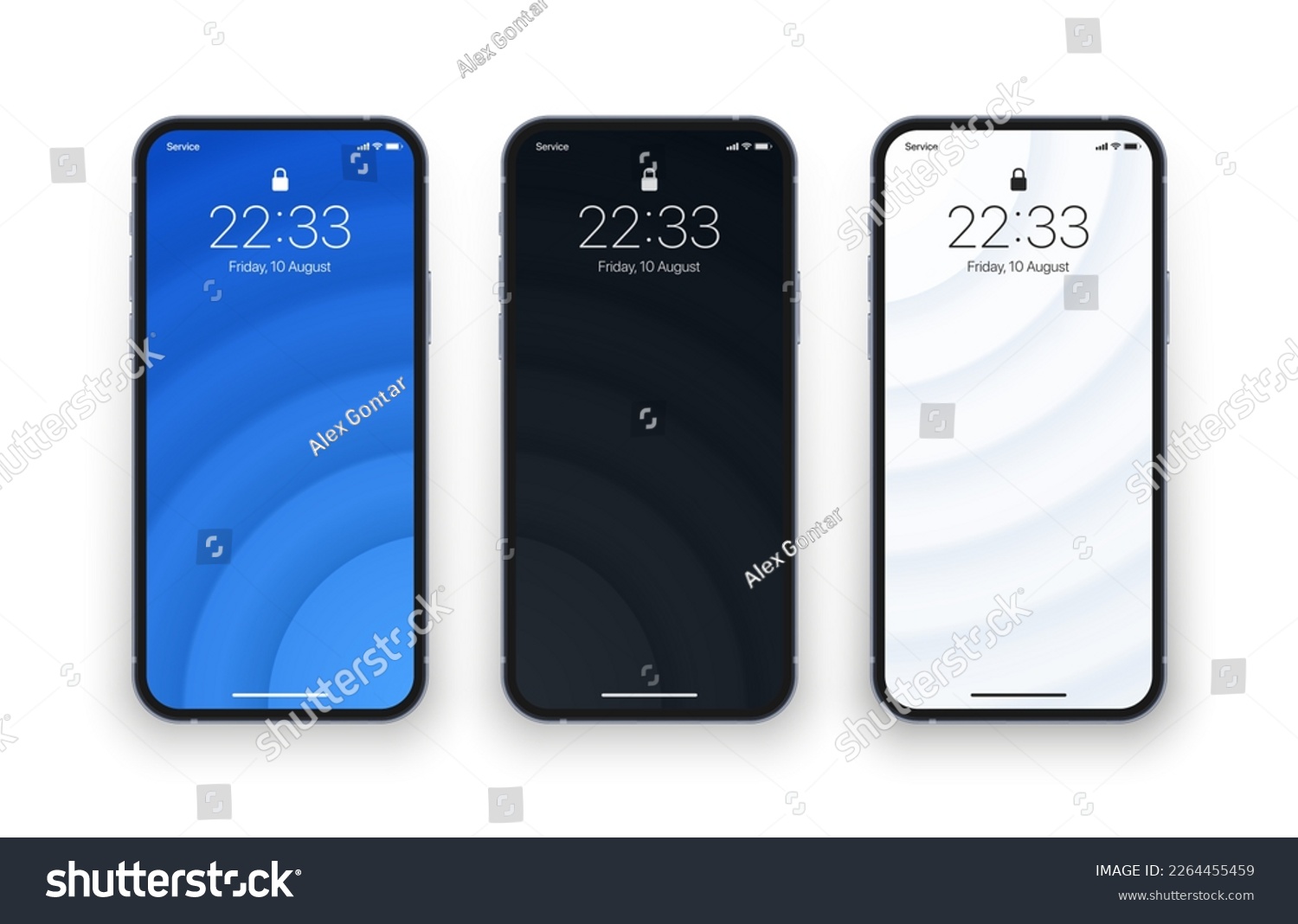 Different Minimal Blue Black Light Grey 3D Smooth Blurred Lines Wallpaper Set On Photo Realistic Cell Phone Screen Isolated On White Background. Various Vertical Abstract Screensavers For Smartphone #2264455459
