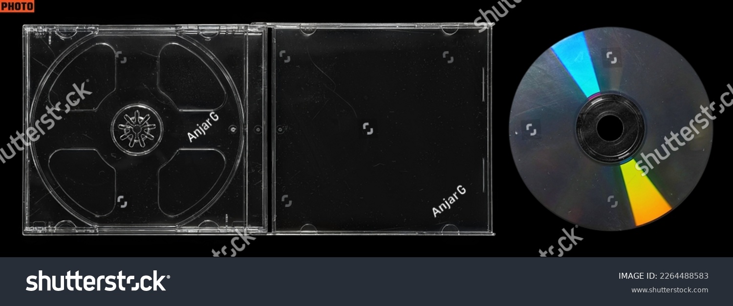 Clear jewel case and cd template set on isolated black background #2264488583
