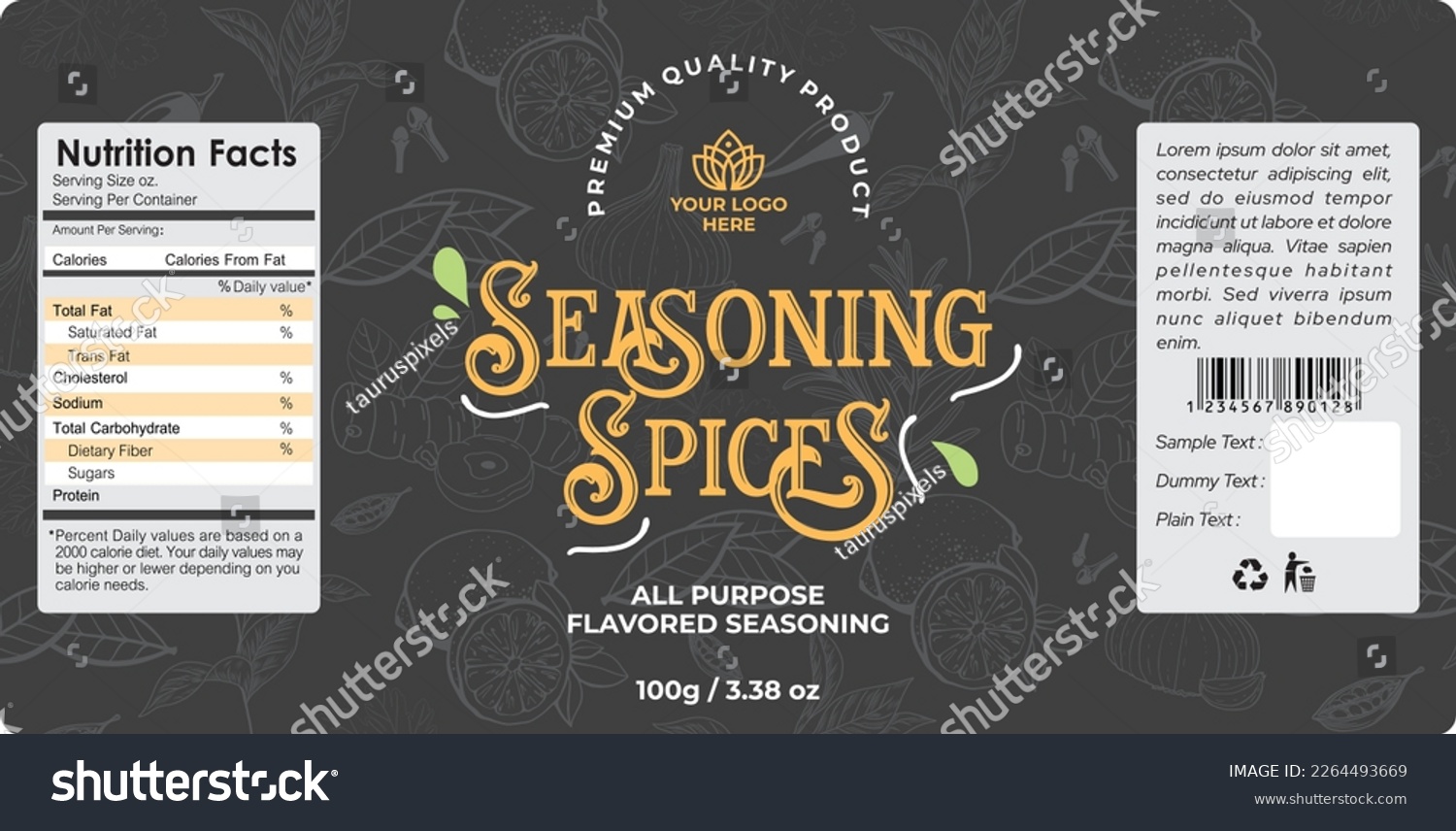 Spice Label Design Template. Seasoning herbs and spice packaging Design. Lemon, Cardamom, Garlic, pepper and mint organic spices product vector illustration. Luxury Spice Seasoning Jar Label Design #2264493669