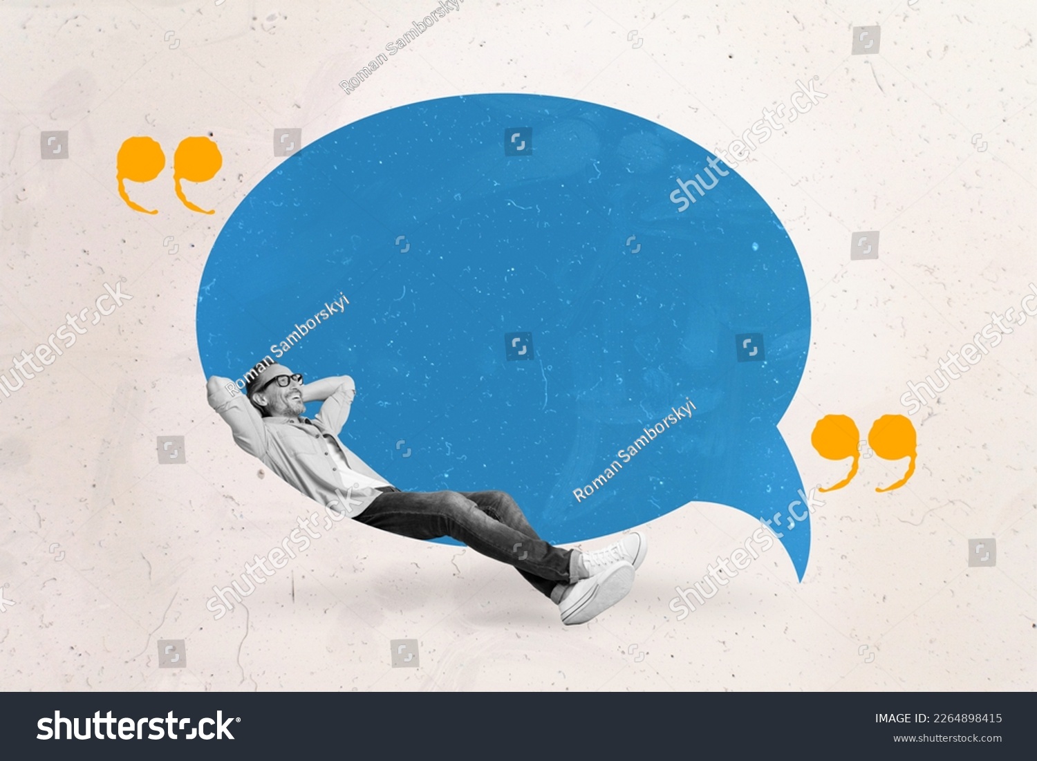 Creative collage image of peaceful black white colors mini man laying relax big empty space dialogue bubble #2264898415