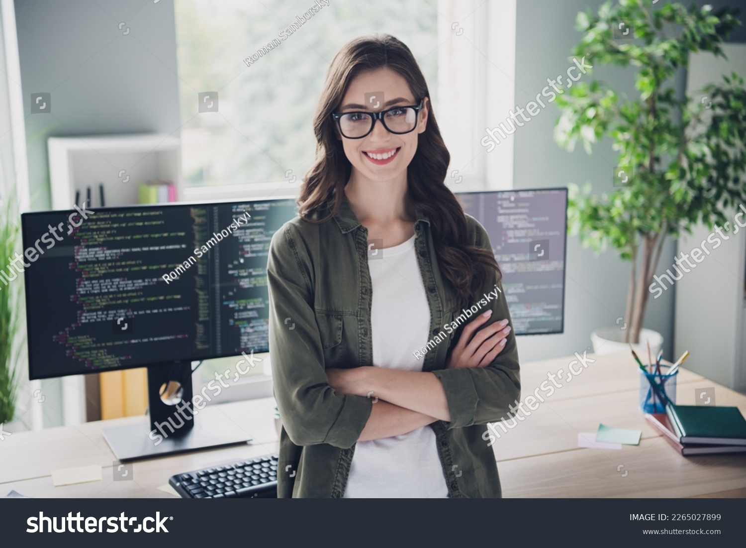 Photo of happy confident lady programmer wear arms folded fulfilling all tasks indoors workplace workstation #2265027899