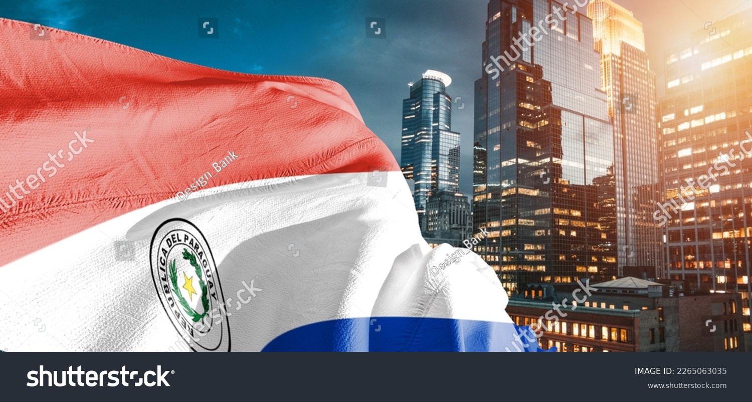 Paraguay national flag cloth fabric waving on beautiful buildings background. #2265063035