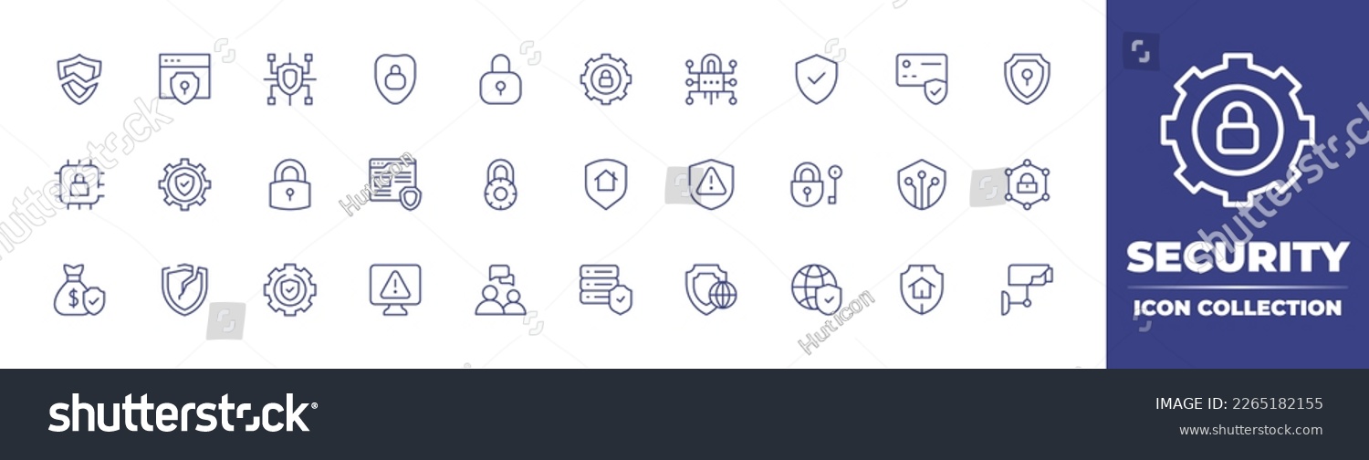 Security line icon collection. Editable stroke. Vector illustration. Containing  password, cyber security, cyber, security, breach, browser, lock, secure, alert, shield, money bag, camera. #2265182155