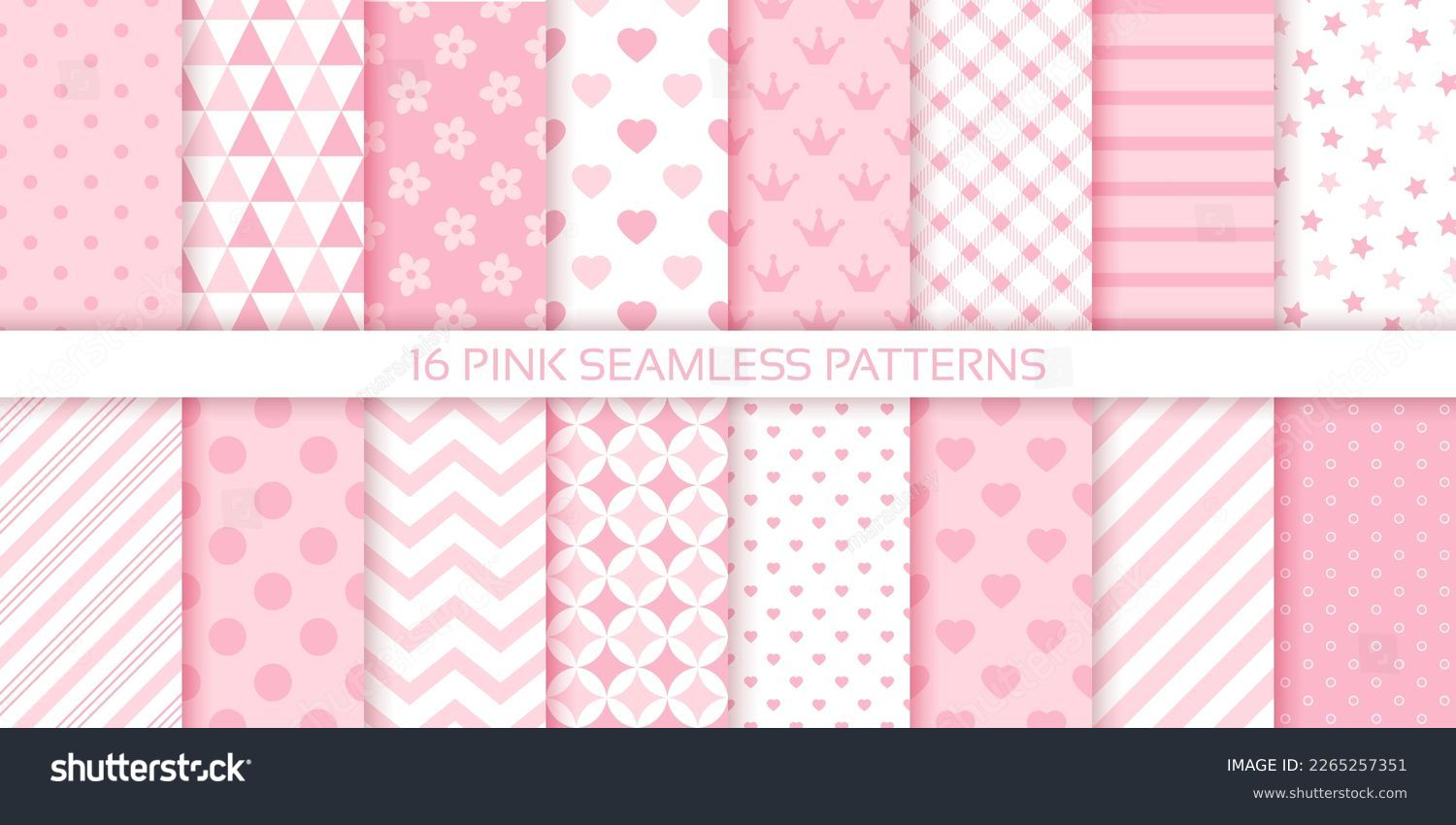 Scrapbook background. Seamless pink pattern. Set baby shower packing paper. Baby girl textures with polka dot, stripes, hearts and zigzag. Cute pastel print for scrap design. Color vector illustration #2265257351