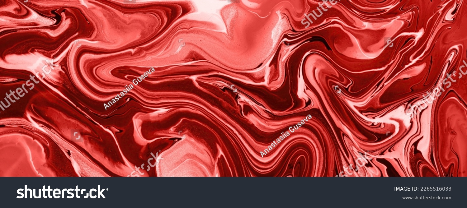 Abstract fluid art background bright red and ruby colors. Liquid marble. Acrylic painting on canvas with wine lines and gradient. Ink backdrop with wavy pattern. #2265516033