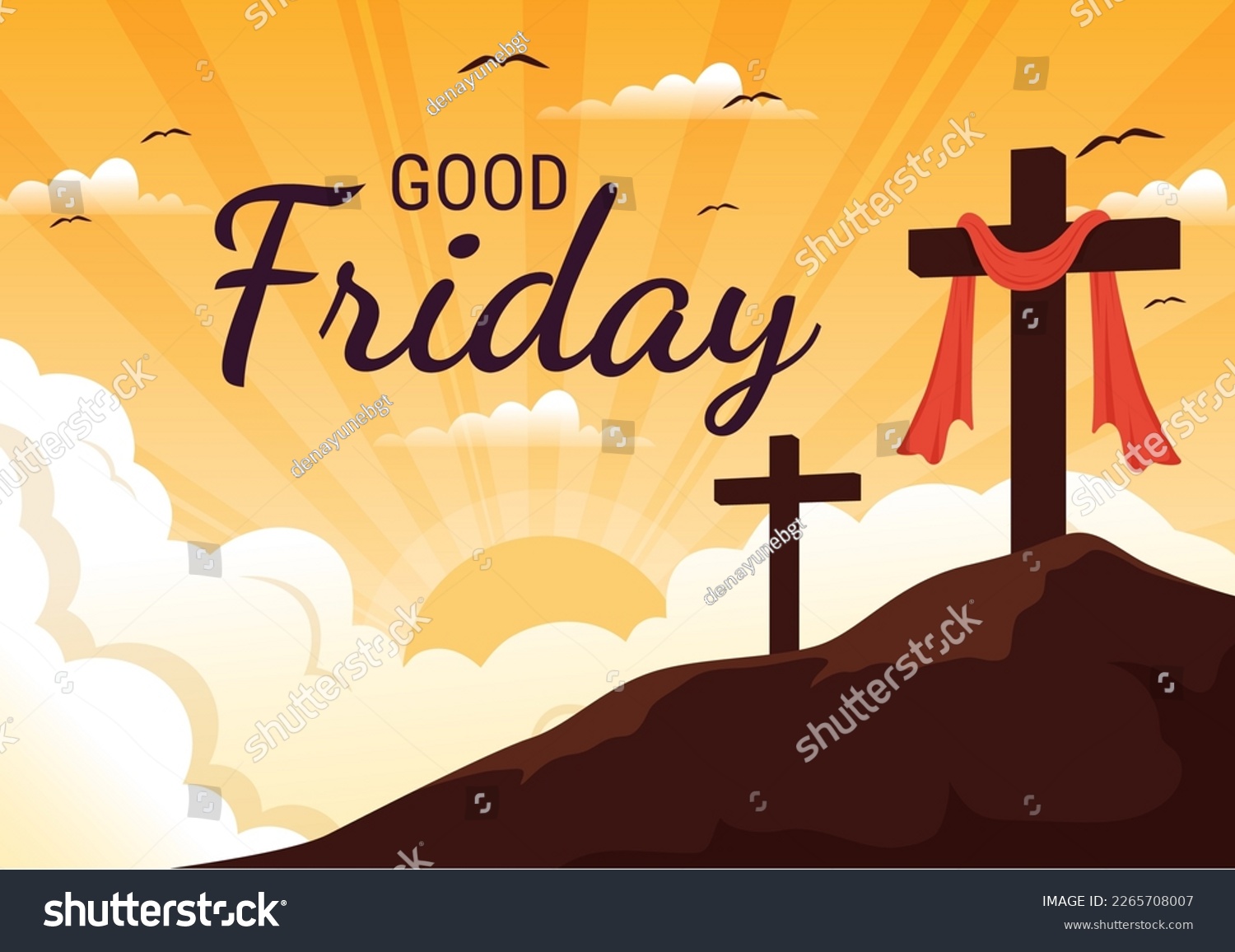 Happy Good Friday Illustration with Christian Holiday of Jesus Christ Crucifixion in Flat Cartoon Hand Drawn for Web Banner or Landing Page Templates #2265708007