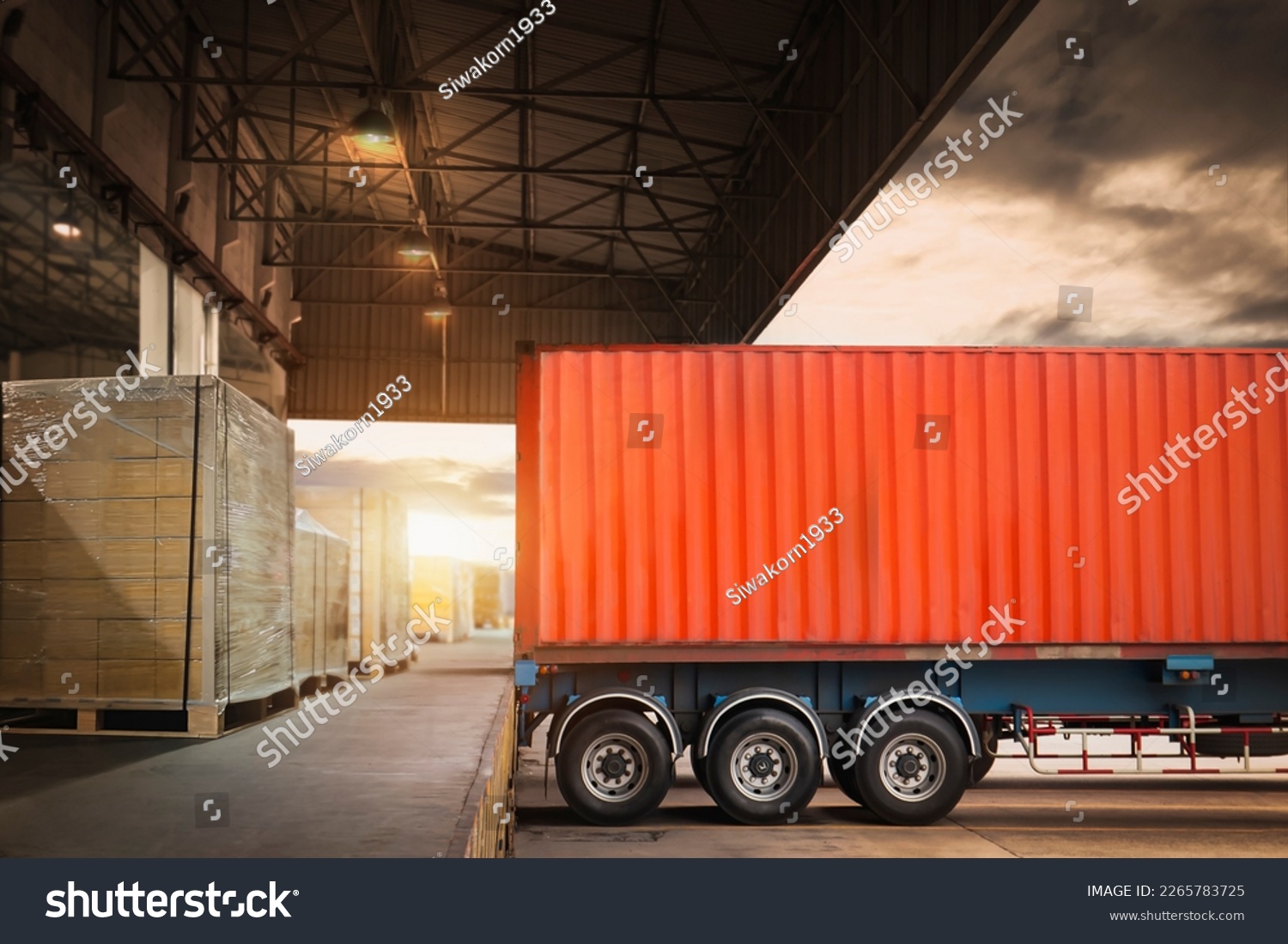 Container Trailer Trucks Parked Loading at Dock Warehouse. Delivery Truck. Package Boxes Shipment. Distribution Warehouse. Supply Chain. Freight Trucks Logistics Cargo Transport	
 #2265783725