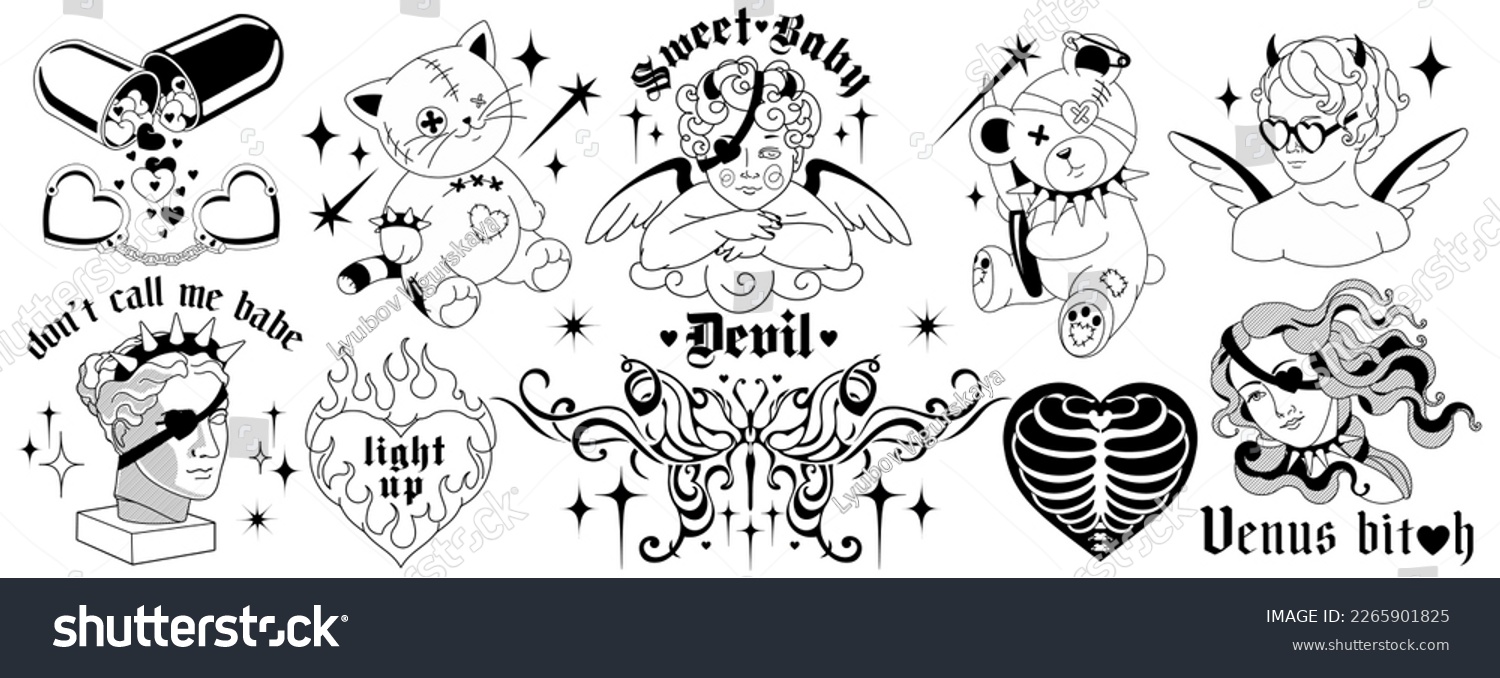 Y2k Tattoo art 90s, 00's silhouettes.Angel, baby demon, heart shaped bones and fire, barbed love art.Vector tats with gothic weird brutal quotes. Black and white colors, fun goth stickers. #2265901825