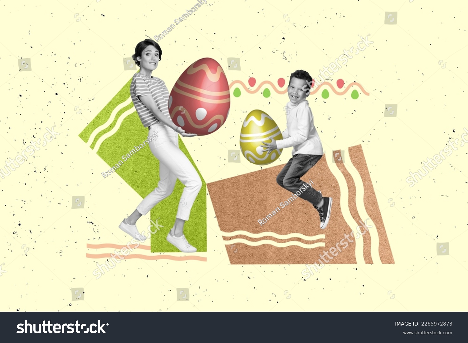 Invitation poster collage of two people mommy kid celebrate together easter occasion collect chocolate eggs hide by bunny #2265972873