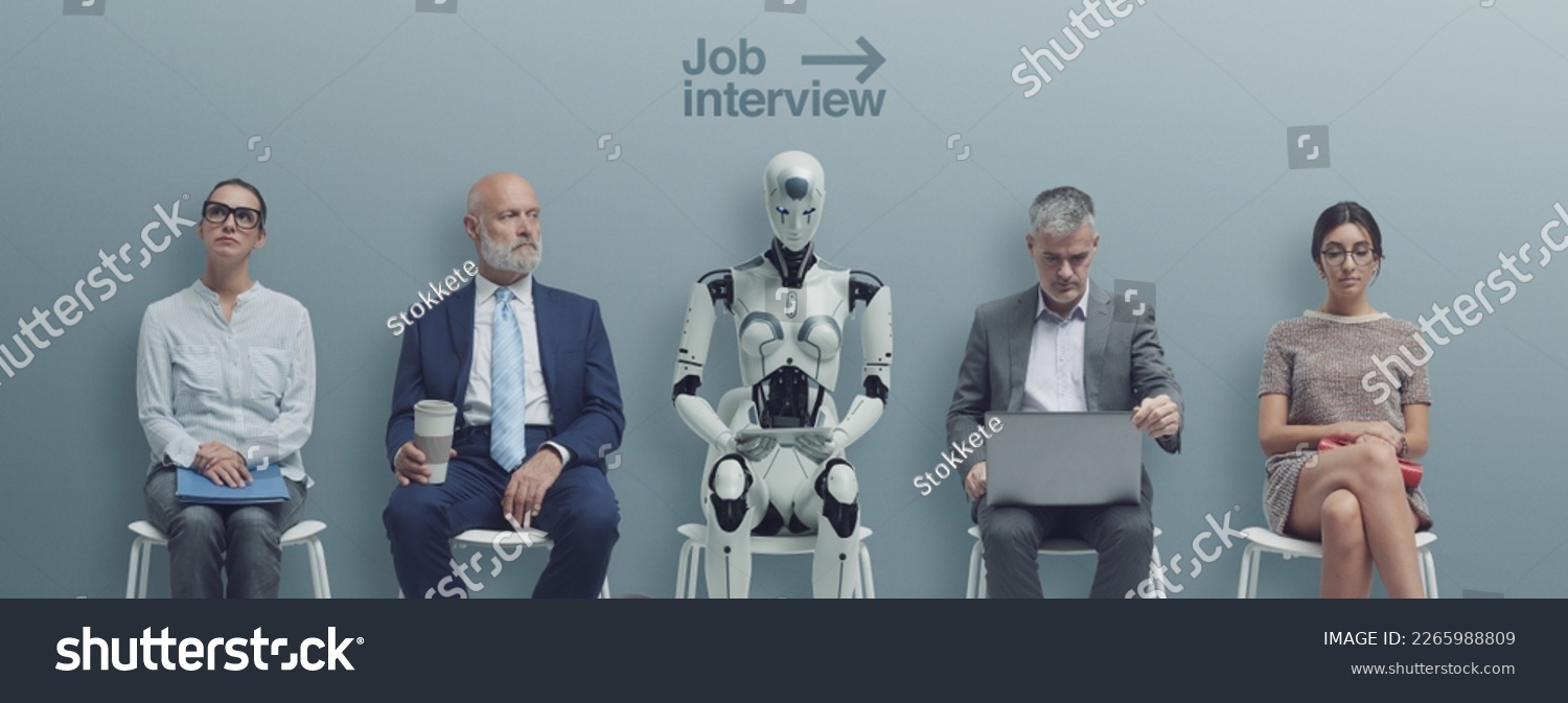 Business people and humanoid AI robot sitting and waiting for a job interview: AI vs human competition #2265988809