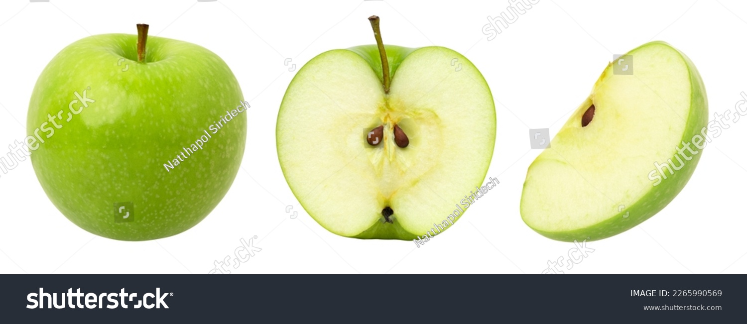 green apple fruit, halves, and slice isolated on white background, fresh green apple fruit, collection. #2265990569