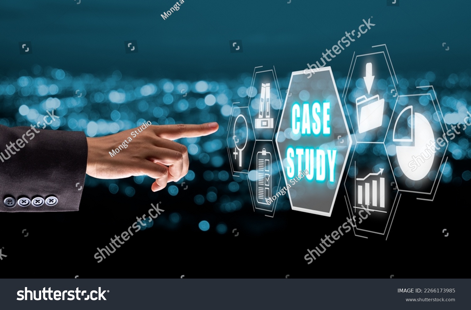Case Study Education concept, Business hand touching case study icon on virtual with blue bokeh background, Analysis of the situation to find a solution. #2266173985