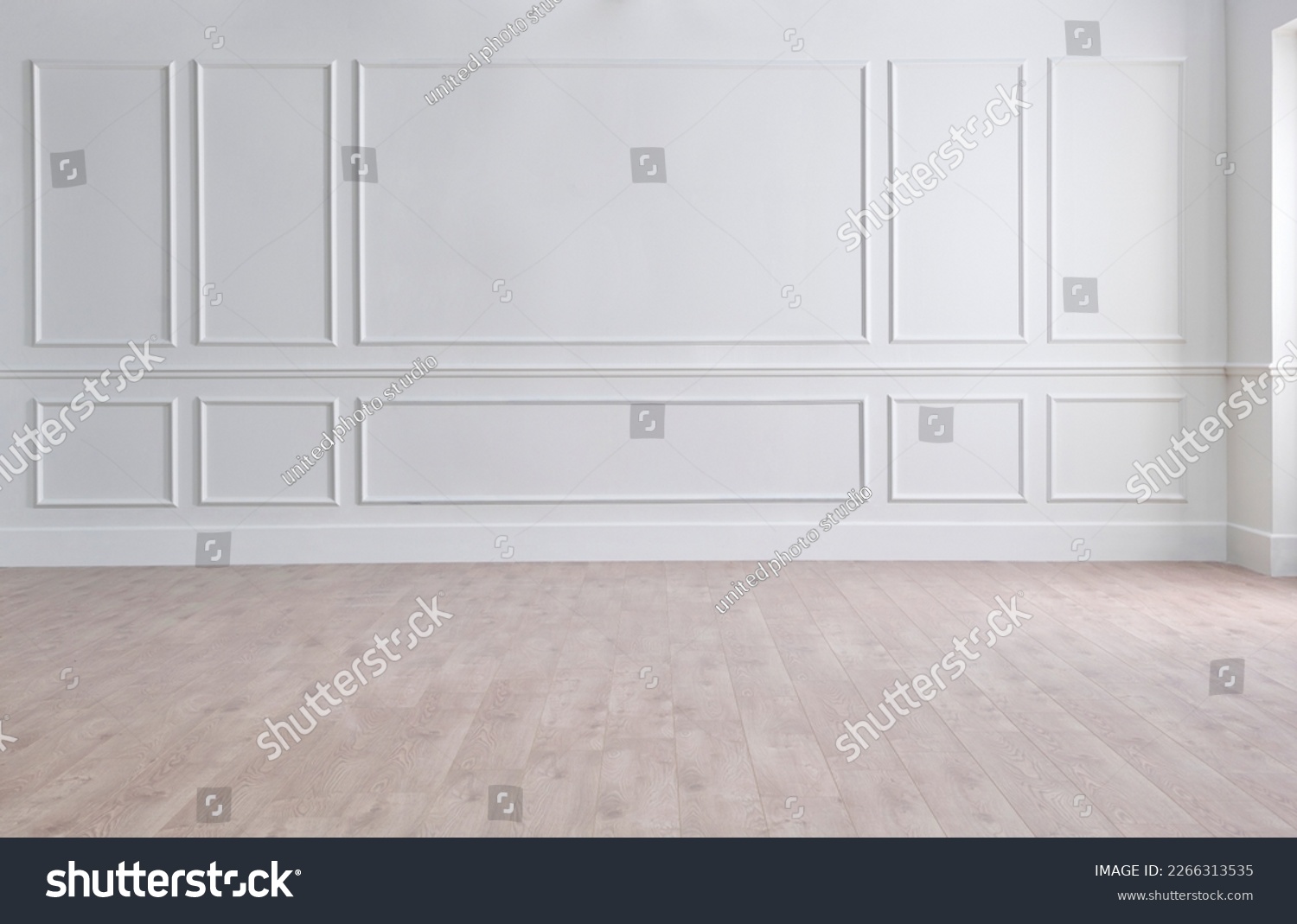 White classic wall background, brown parquet floor, home furniture detail, frame and vase of plant. #2266313535