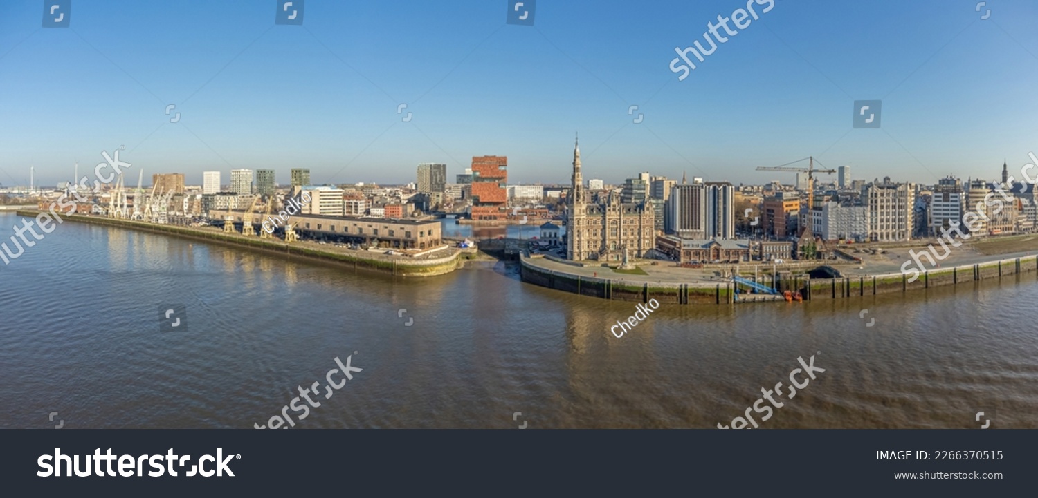 Aerial Panorama of Antwerp MAS Museum and Loodsgebouw (Antwerp pilot building) over River Scheldt - Stunning Drone Photography of Antwerpen #2266370515
