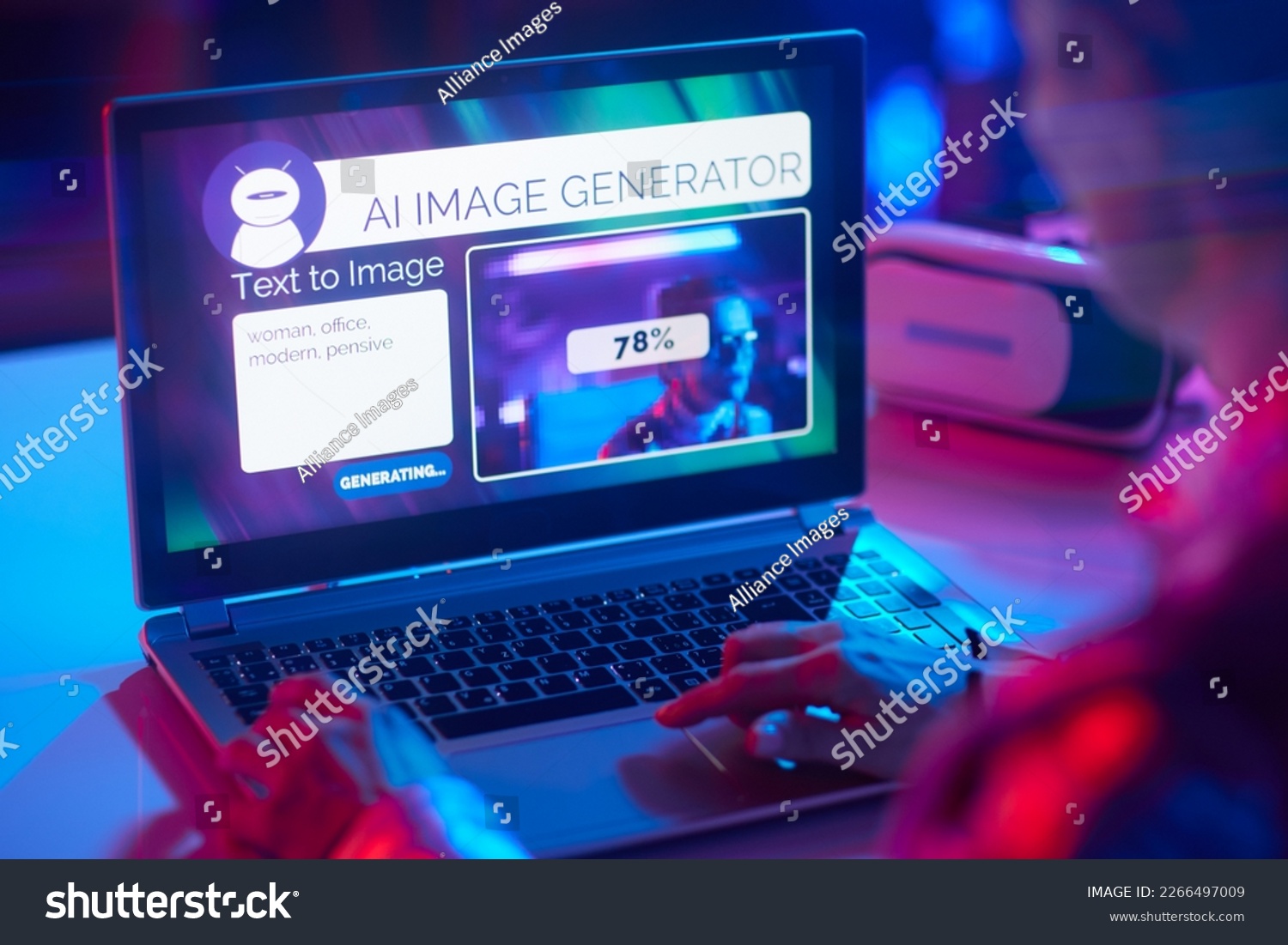 Seen from behind modern business woman with laptop using text to image artificial intelligence image generator. #2266497009