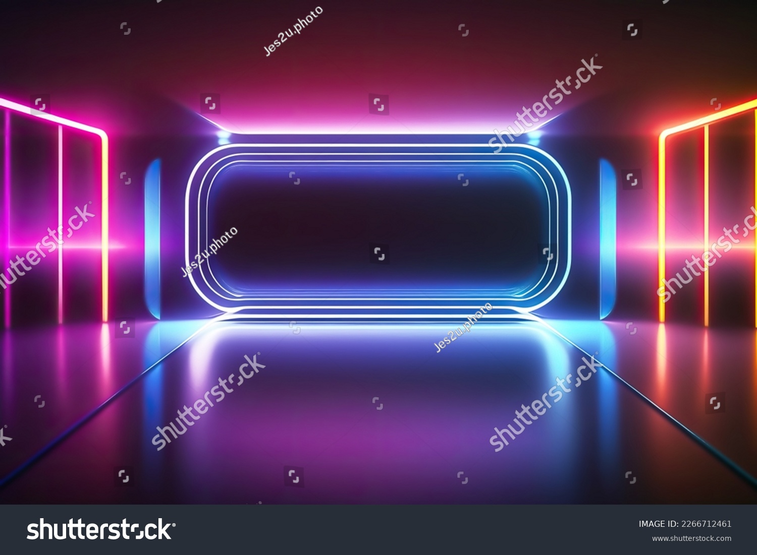 Abstract neon light fluorescent Neon Lights glow ,Reflection on water, exhibition background 3D illustration. #2266712461