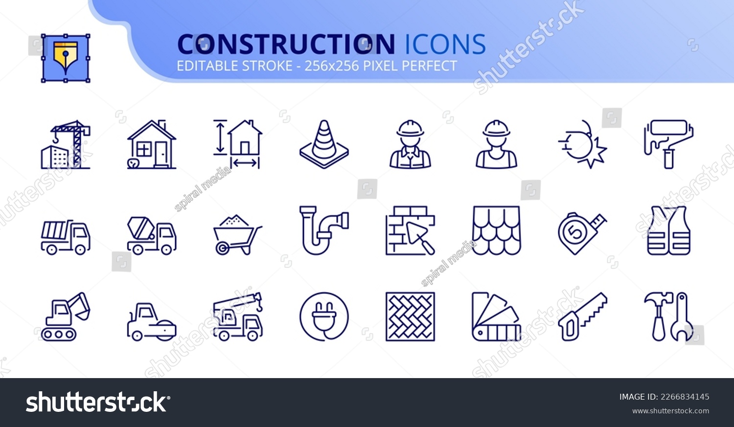 Line icons about construction. Contains such icons as architecture, workers, material, tools and construction vehicles. Editable stroke Vector 256x256 pixel perfect #2266834145