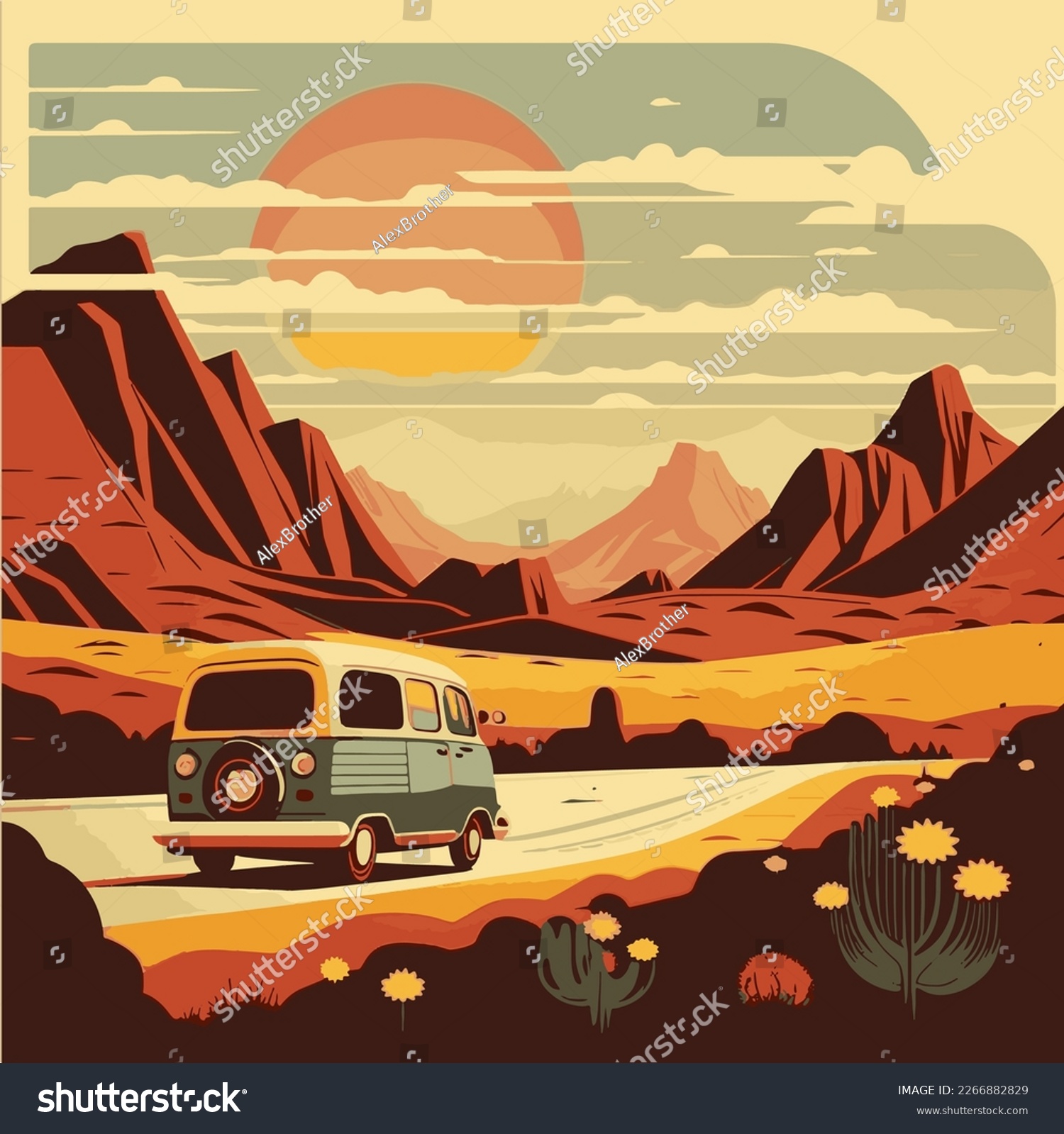 Retro landscape. vintage bus on the road , Vector illustration. #2266882829