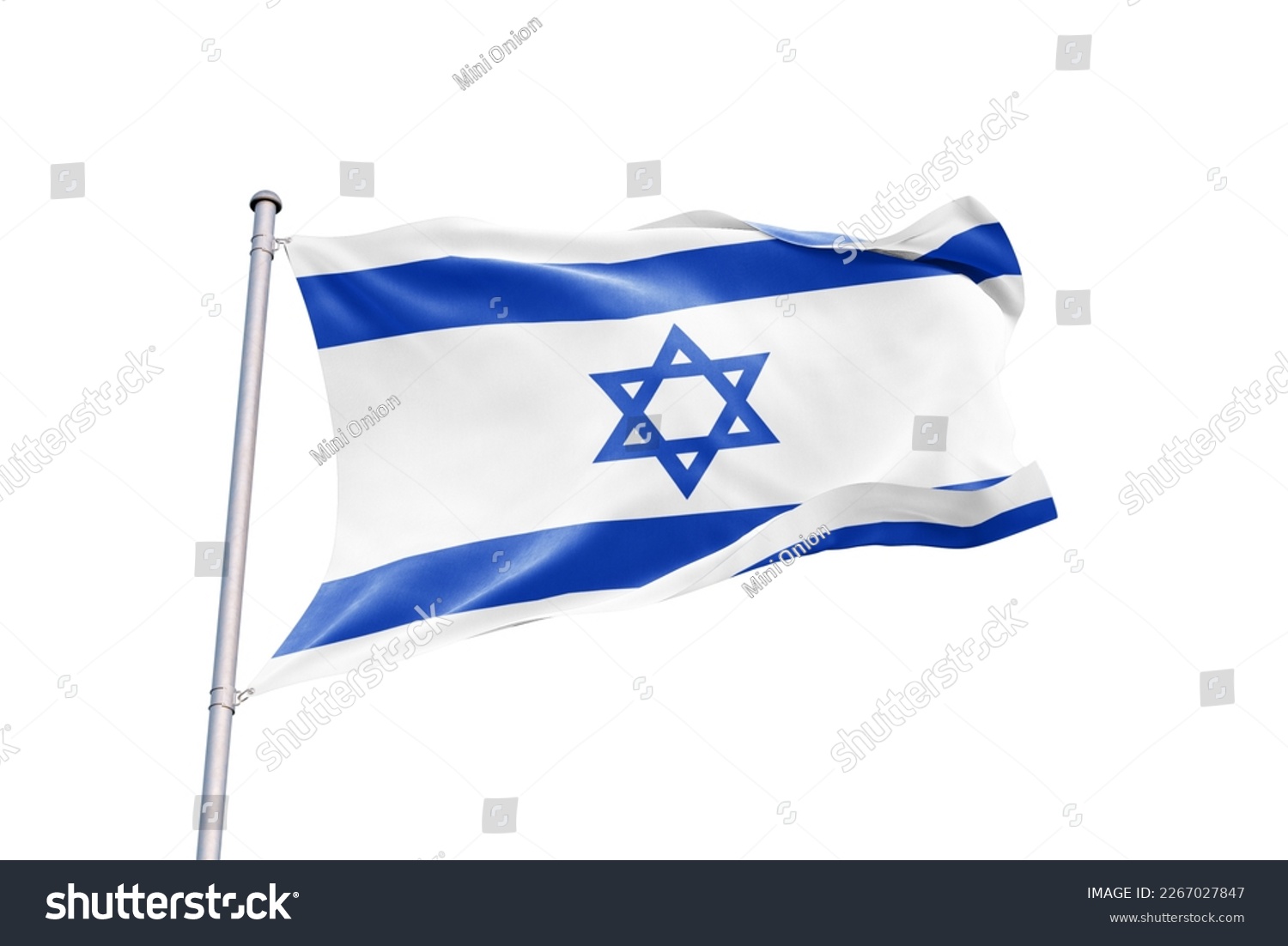 Waving flag of Israel in white background. Israel flag for independence day. The symbol of the state on wavy fabric. #2267027847