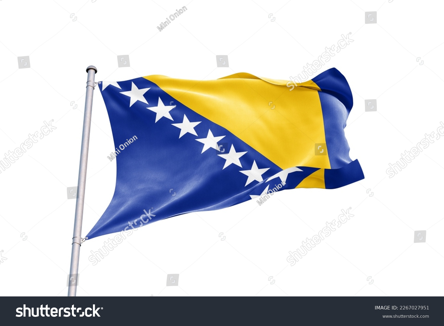 Waving flag of Bosnia and Herzegovina in white background. Bosnia and Herzegovina flag for independence day. The symbol of the state on wavy fabric. #2267027951