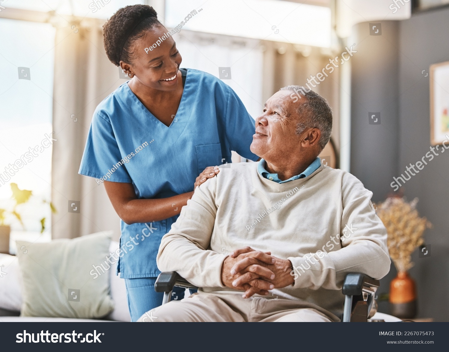 Help, support and wheelchair with nurse and old man for disability, rehabilitation or healing. Retirement, physiotherapy and healthcare with patient and black woman nursing home for medical caregiver #2267075473