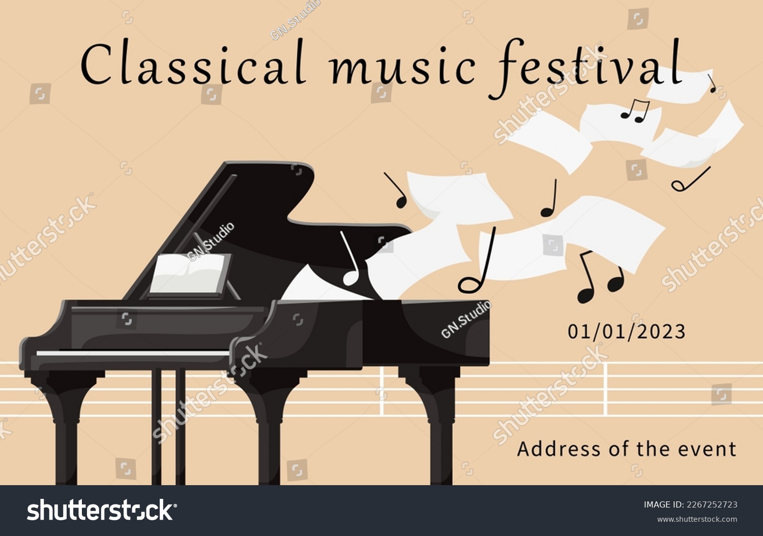 Classical music festival poster with musical instrument. Original design of promotion and invitation. Black grand piano playing with notes stave. Template for orchestra live music. Vector illustration #2267252723